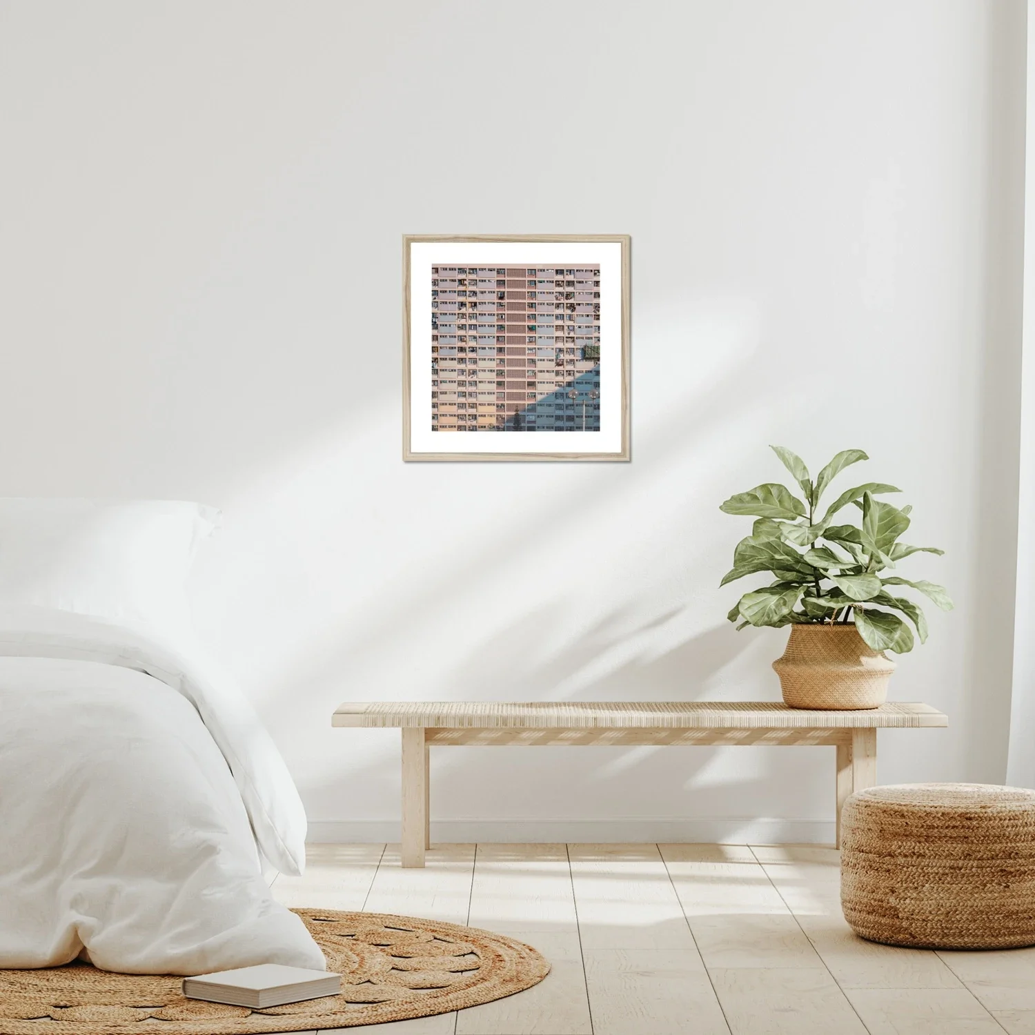 Choi Hung Estate rainbow buildings photography, Hong Kong basketball court urban scene, pastel colored apartment blocks, cinematic street photography print, Kowloon architectural wall art.