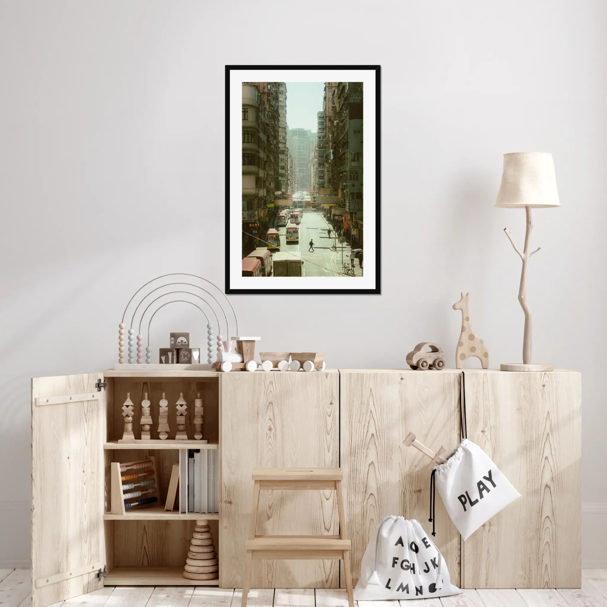 Dynamic street photography in Mong Kok Hong Kong, bustling Kowloon traffic and pedestrians, urban city life print, bright Hong Kong cityscape wall art, architectural density photography.