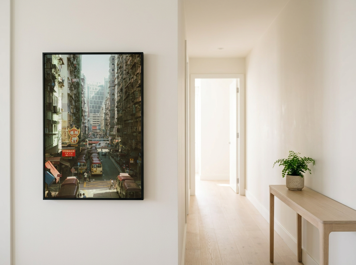 Vintage style street photography of Mong Kok Hong Kong at sunset, golden hour light over minibus stops and city traffic, nostalgic 1980s urban aesthetic, cinematic retro wall art print.