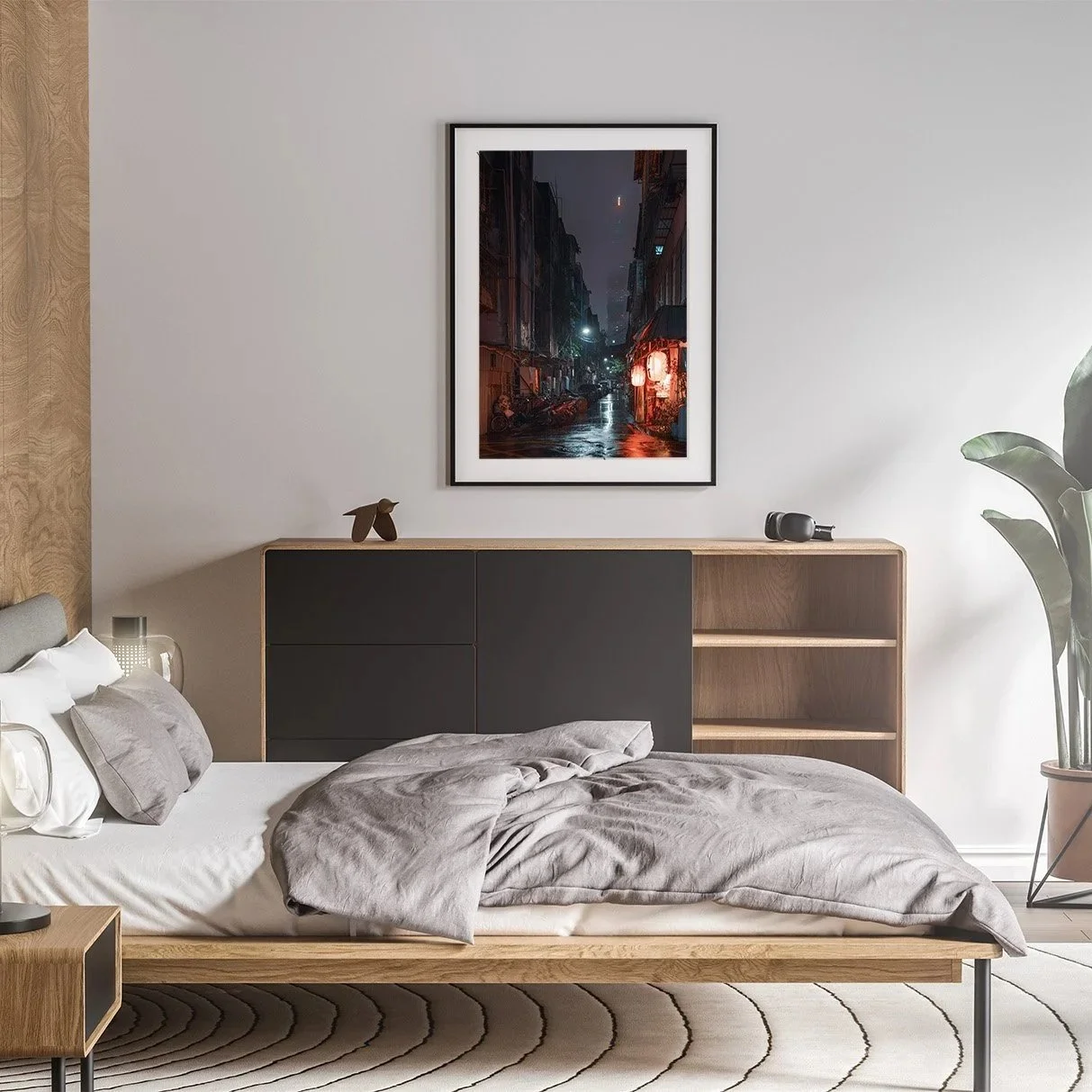 Cinematic night photography of a narrow Taipei alleyway in the rain, featuring a traditional Izakaya with red lanterns and the Taipei 101 building in the background fog.