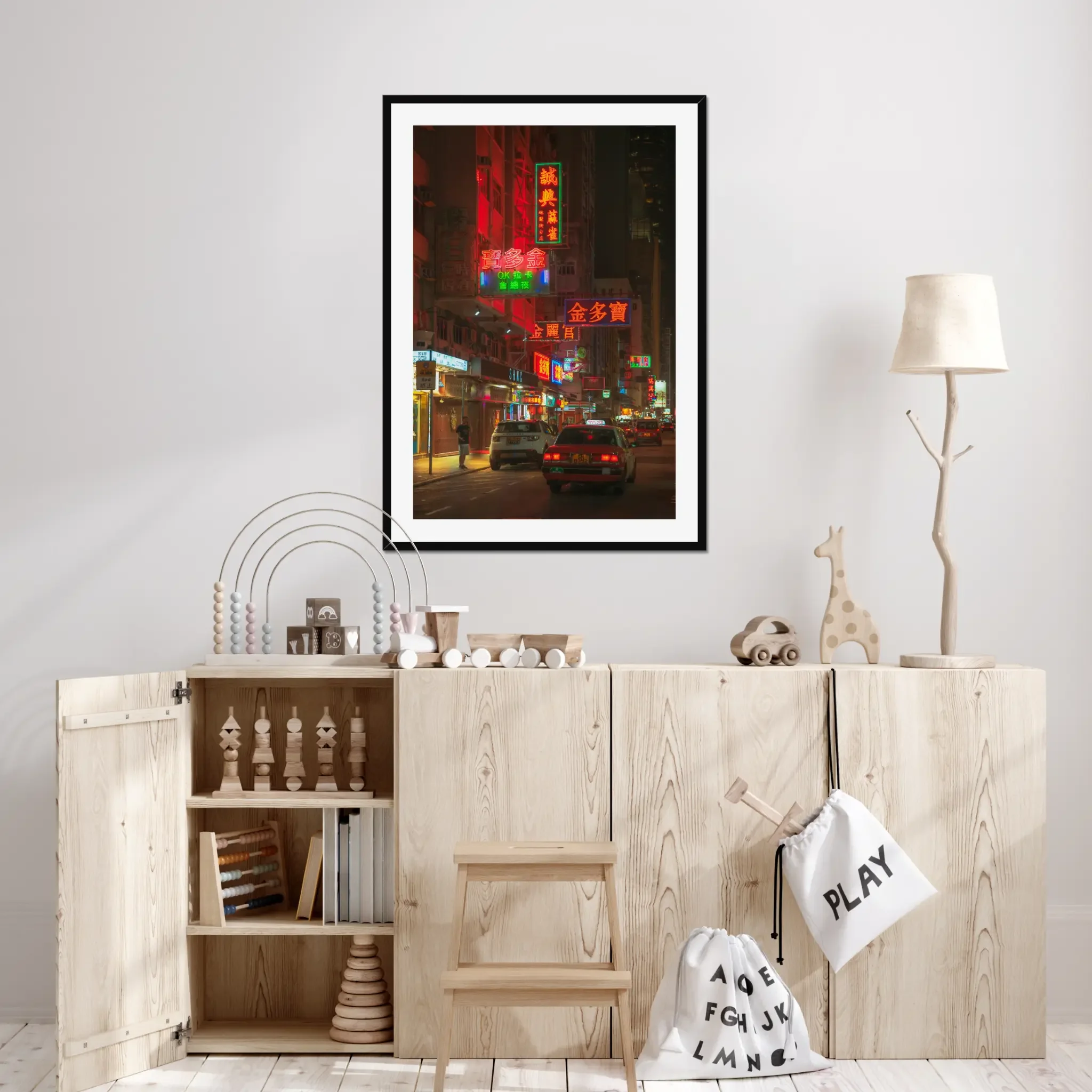 Mong Kok street photography print showing neon signage and a solitary figure at night in Hong Kong