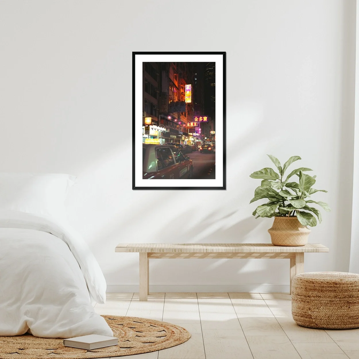 Cinematic night photography of a red taxi in Mong Kok Hong Kong, neon signs reflections on wet street, CineStill 50D film aesthetic, urban street documentary art.