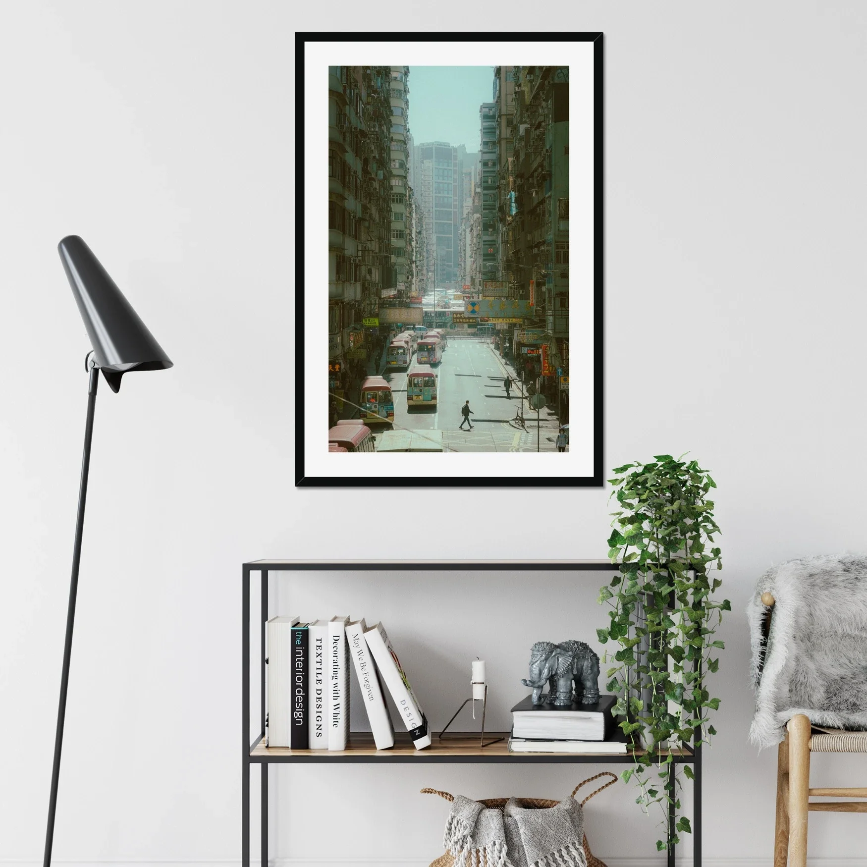 Dynamic street photography in Mong Kok Hong Kong, bustling Kowloon traffic and pedestrians, urban city life print, bright Hong Kong cityscape wall art, architectural density photography.