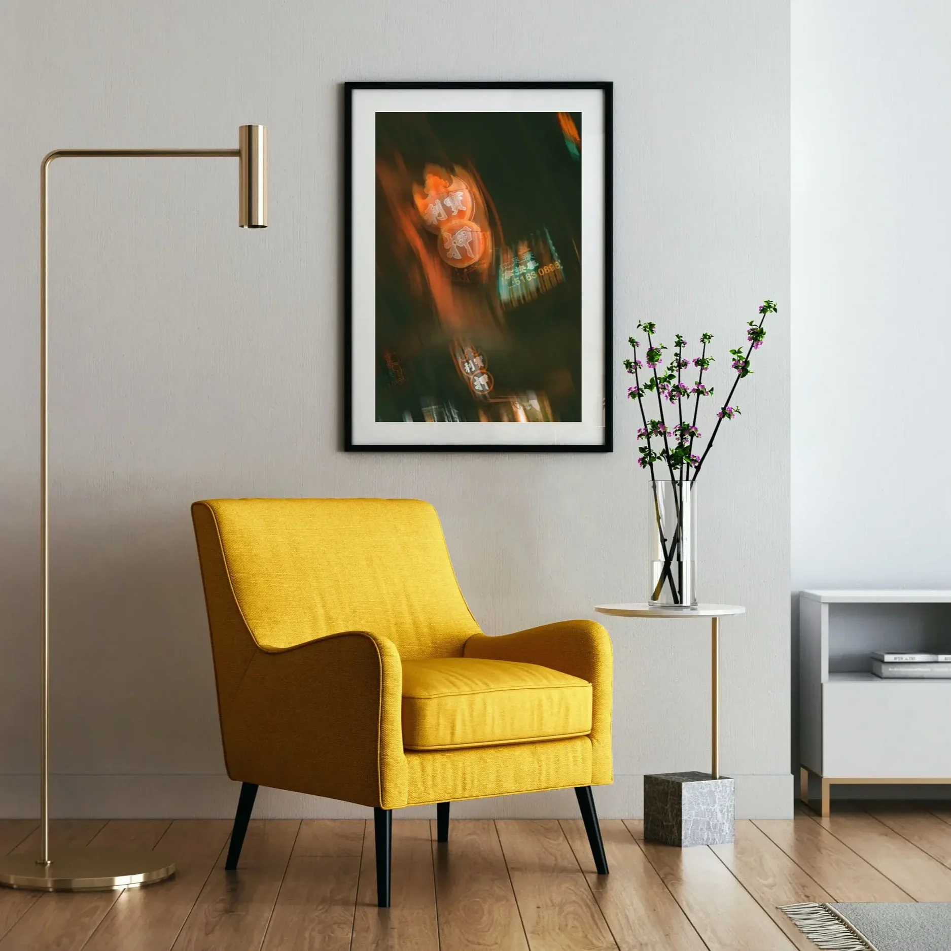 Distorted night photography of glowing red and green neon pawn shop signs in Mongkok, Hong Kong, with a cinematic blurred effect.