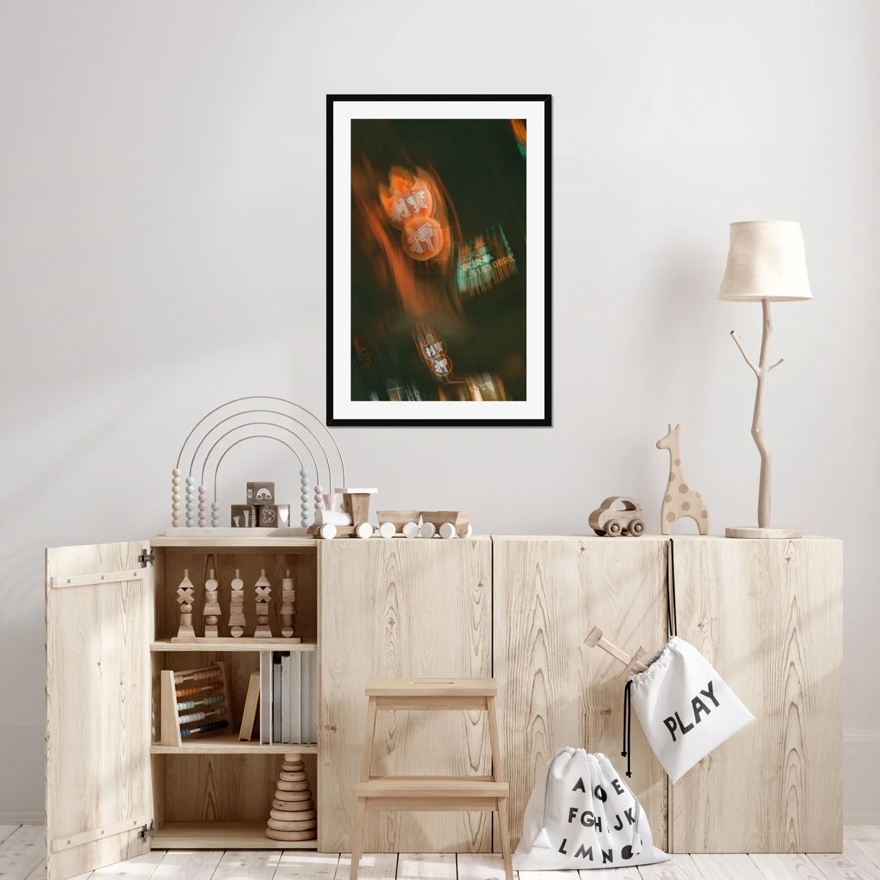 Distorted night photography of glowing red and green neon pawn shop signs in Mongkok, Hong Kong, with a cinematic blurred effect.