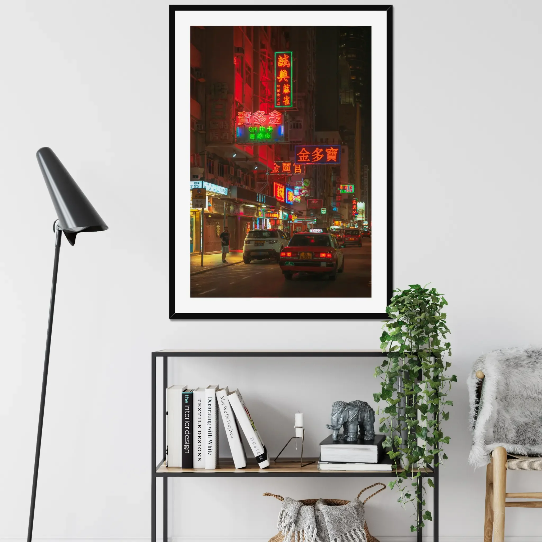 Mong Kok street photography print showing neon signage and a solitary figure at night in Hong Kong