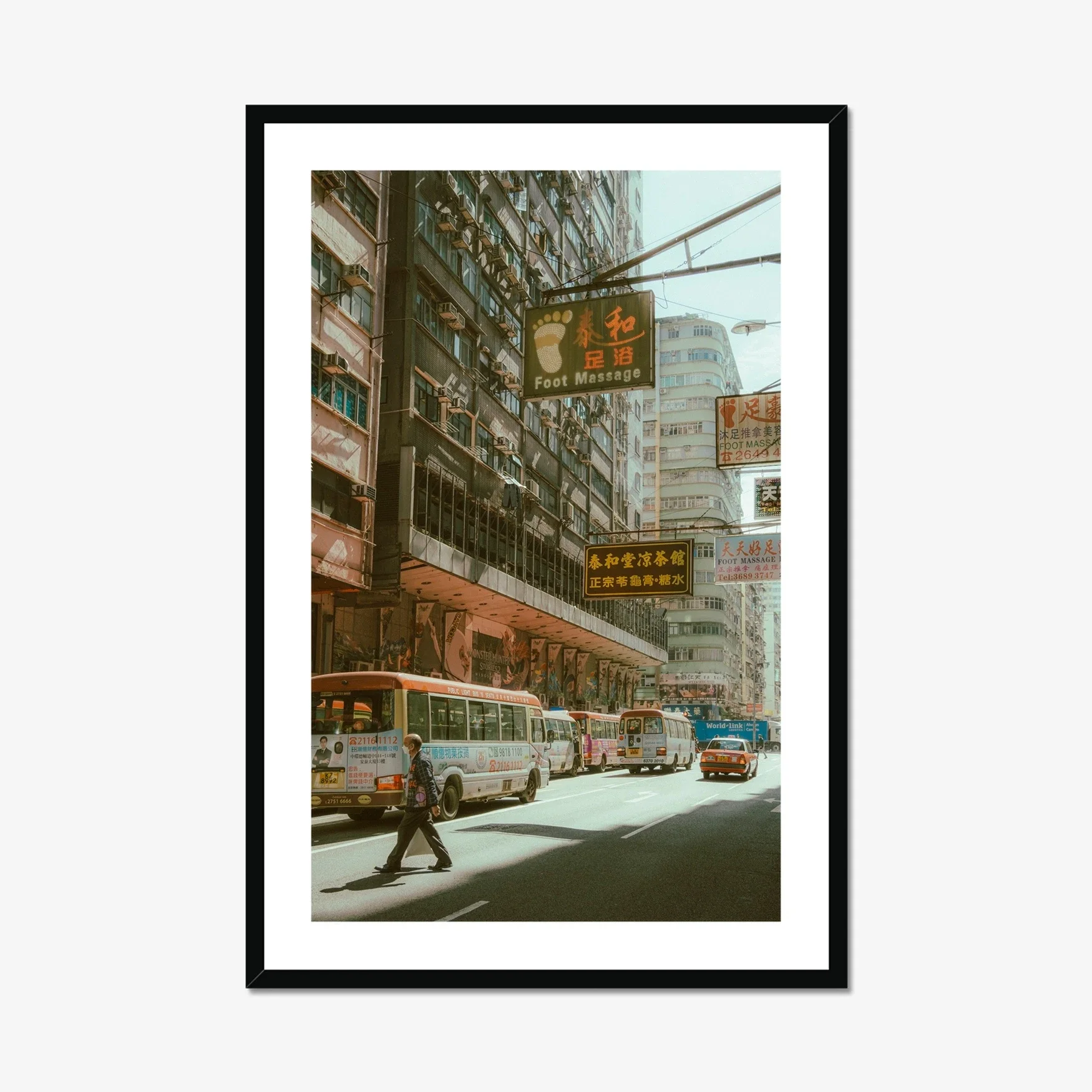 Hazy morning street photography in Mong Kok Hong Kong, pedestrian crossing road with red taxis and buses in the mist, cinematic urban wall art, moody Kowloon cityscape.