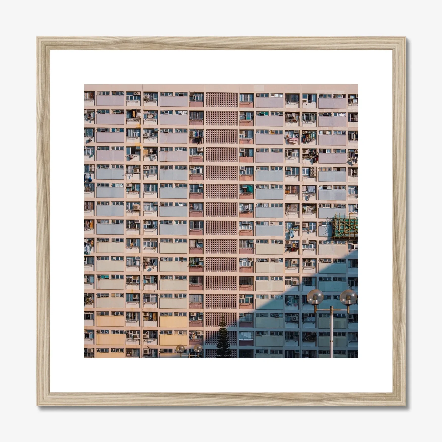 Choi Hung Estate rainbow buildings photography, Hong Kong basketball court urban scene, pastel colored apartment blocks, cinematic street photography print, Kowloon architectural wall art.