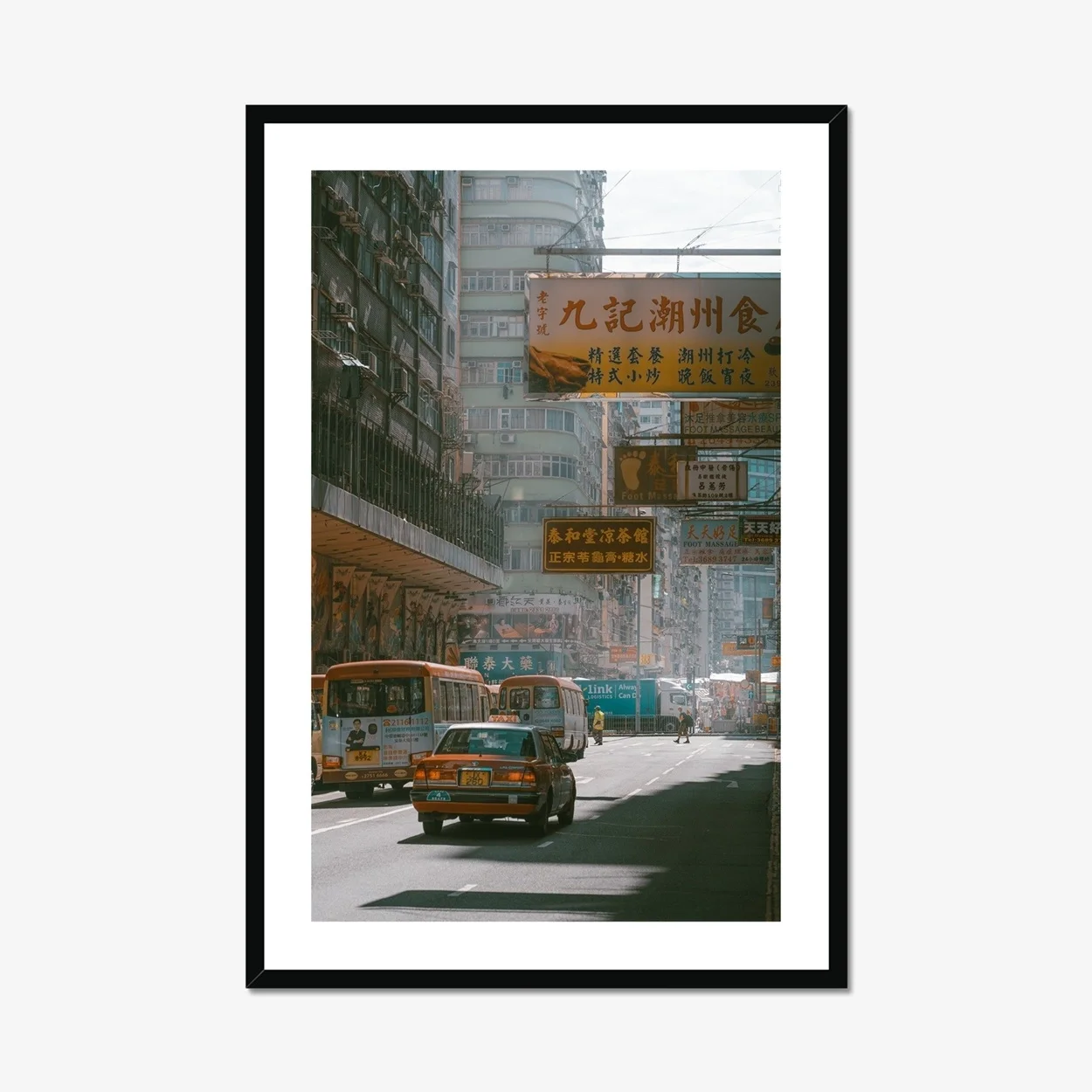 Iconic Hong Kong red taxi in Mong Kok street, morning haze and urban signs photography, cinematic Kowloon street scene, moody urban wall art print, Hong Kong city life photography.