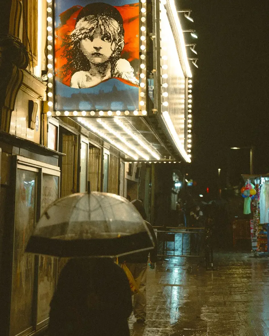 Before and after comparison using Lomography 800 Lightroom preset on a night street photography scene with vibrant neon lights and film grain.
