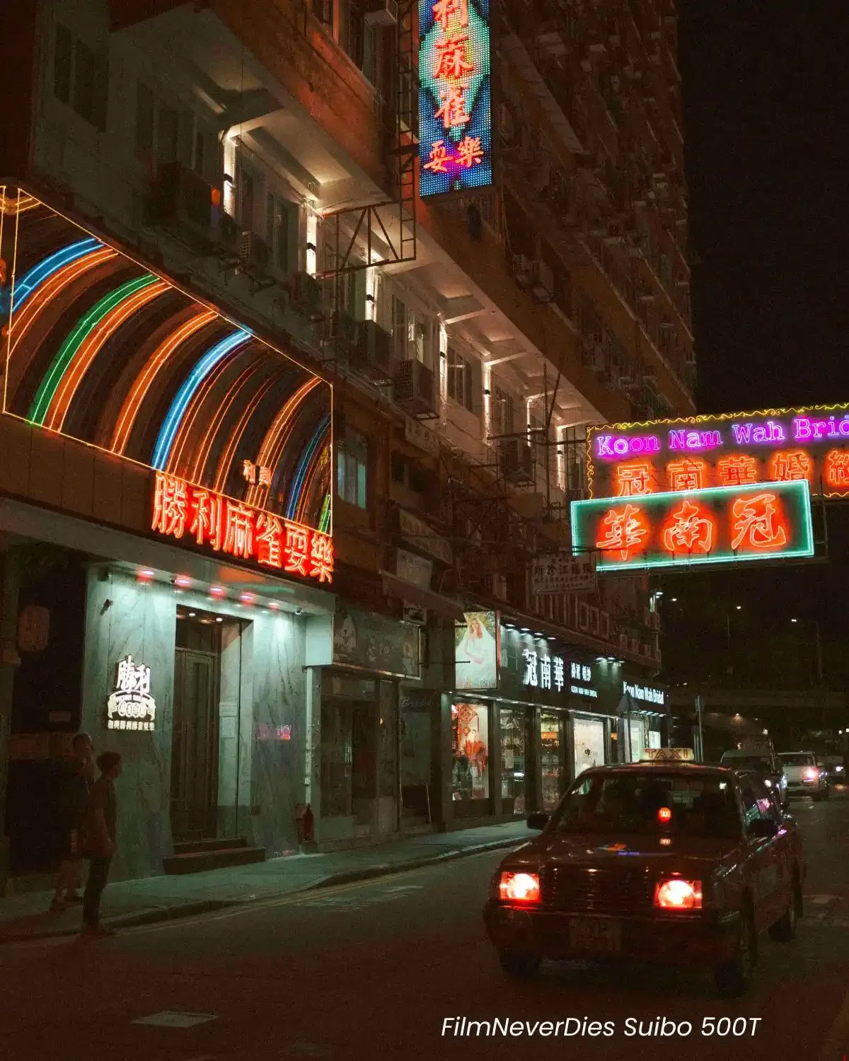 Comparison of Reflx Lab 800T and FilmNeverDies Suibo 500T film look presets on night street photography.