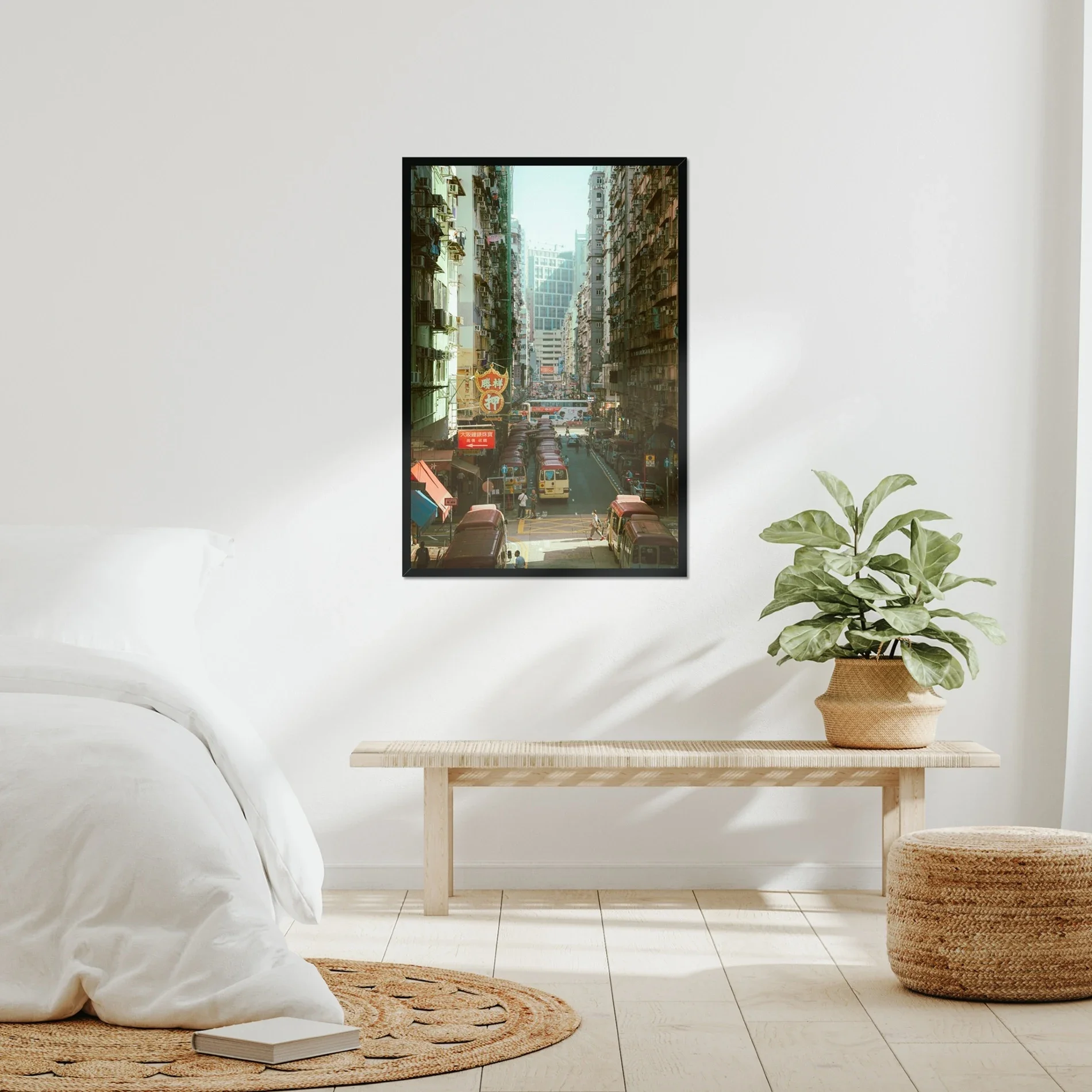 Vintage style street photography of Mong Kok Hong Kong at sunset, golden hour light over minibus stops and city traffic, nostalgic 1980s urban aesthetic, cinematic retro wall art print.