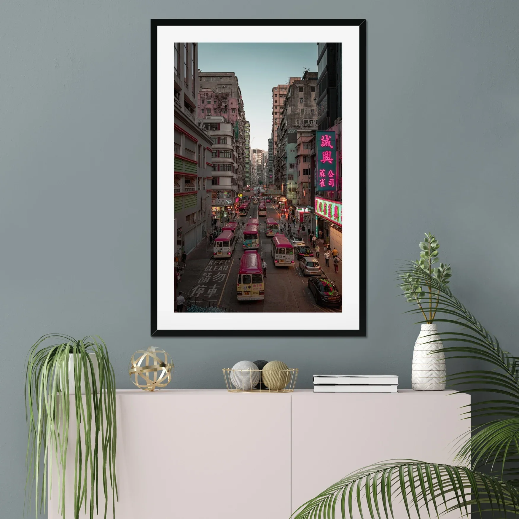 Mong Kok Hong Kong street photography at sunset, red minibuses in traffic, neon signs glowing in Kowloon, cinematic night city lights, urban wall art print.
