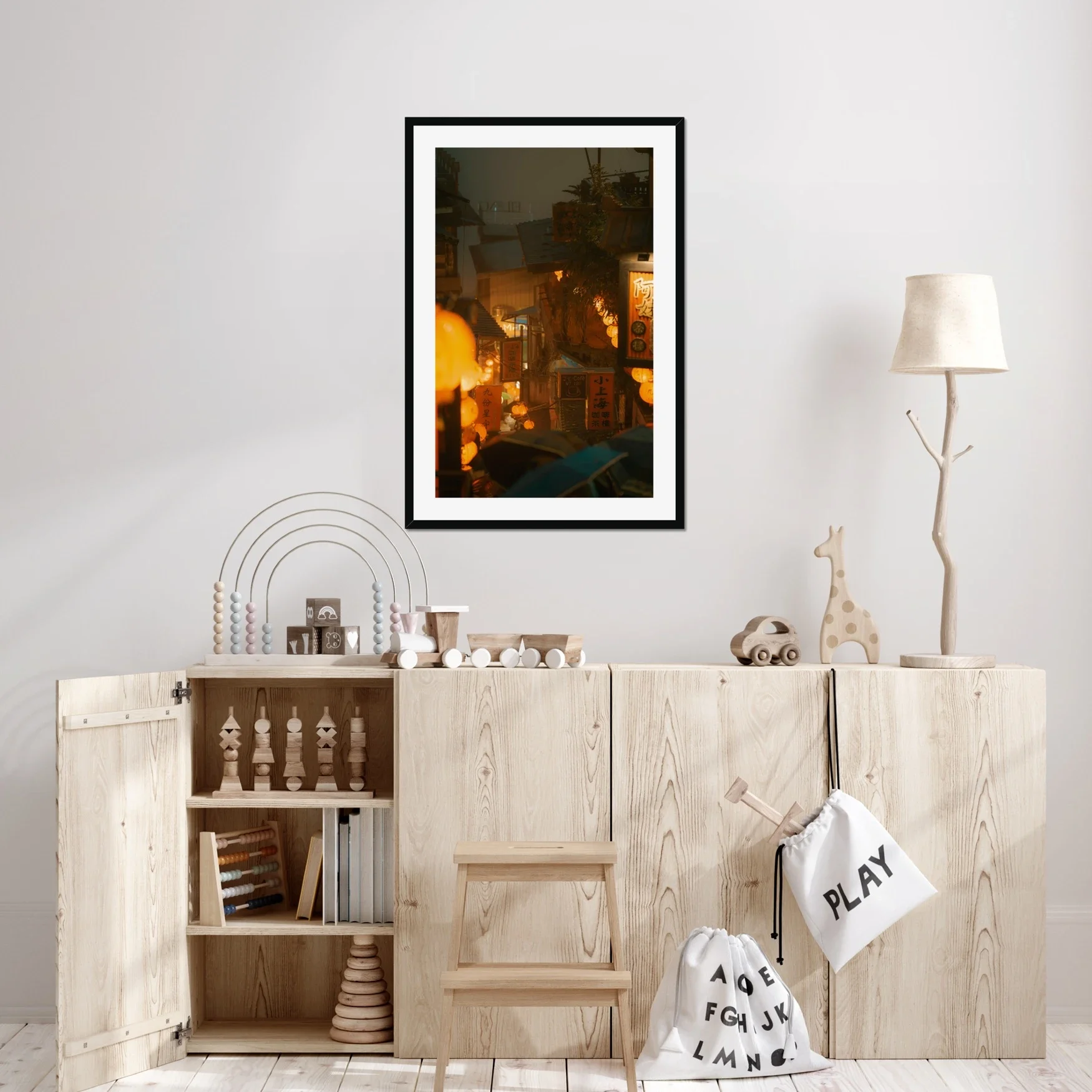 Rainy night photography of Jiufen Old Town in Taiwan with glowing red lanterns reflecting on wet streets in a cinematic style.