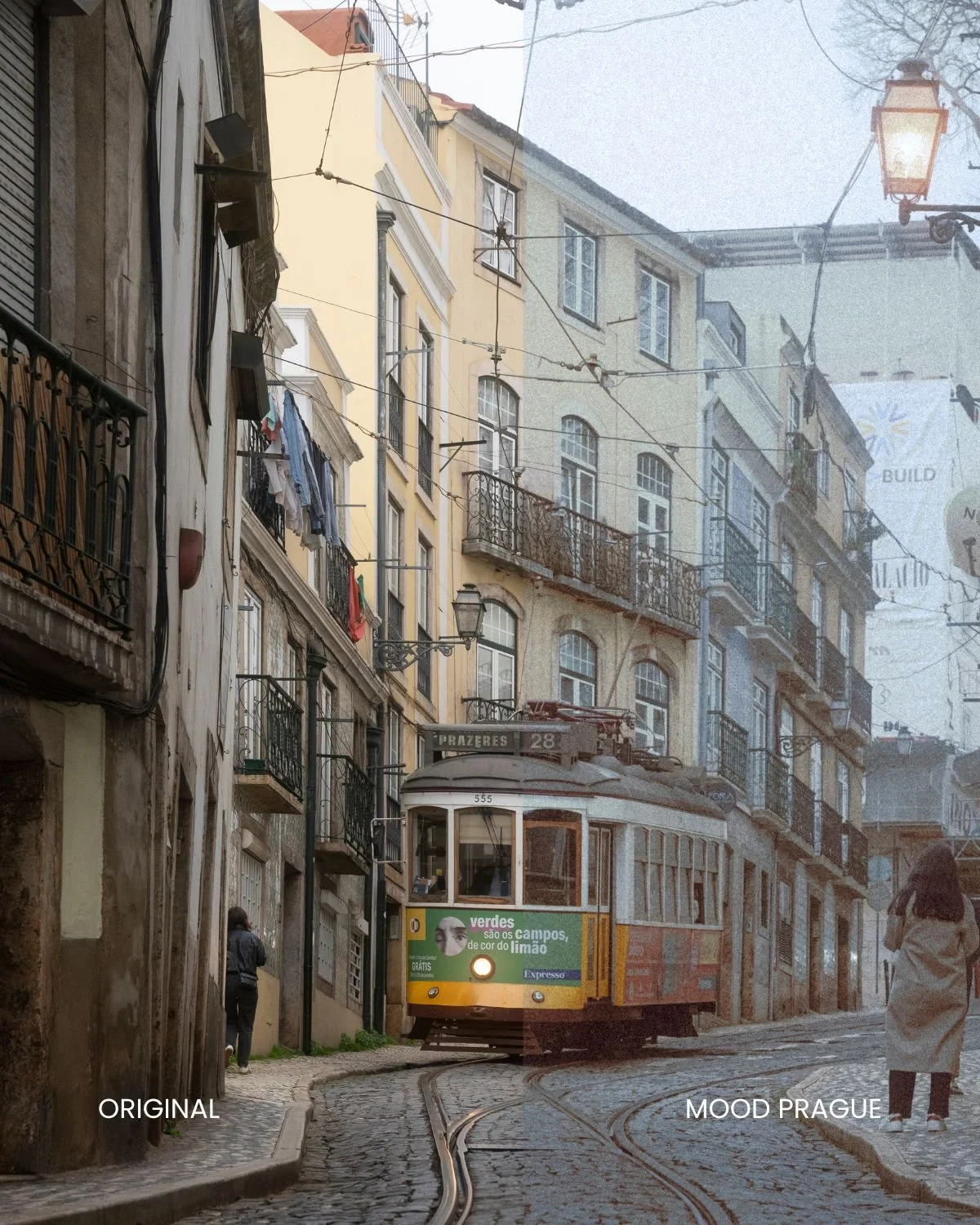 Before and after street photography edit using the Master Collection cinematic Lightroom presets by EJDuran, featuring authentic film emulation, moody urban color grading, and custom halation effects