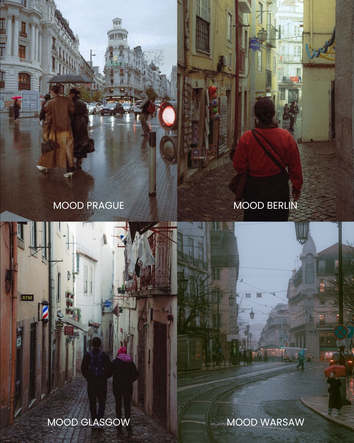 Before and after street photography edit using the Master Collection cinematic Lightroom presets by EJDuran, featuring authentic film emulation, moody urban color grading, and custom halation effects