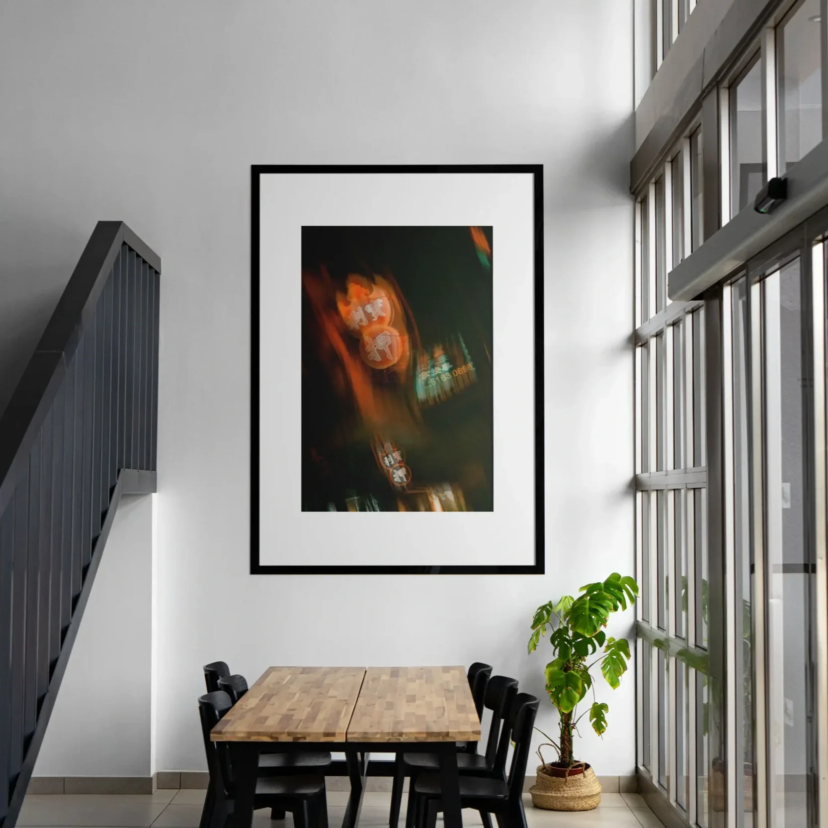 Distorted night photography of glowing red and green neon pawn shop signs in Mongkok, Hong Kong, with a cinematic blurred effect.