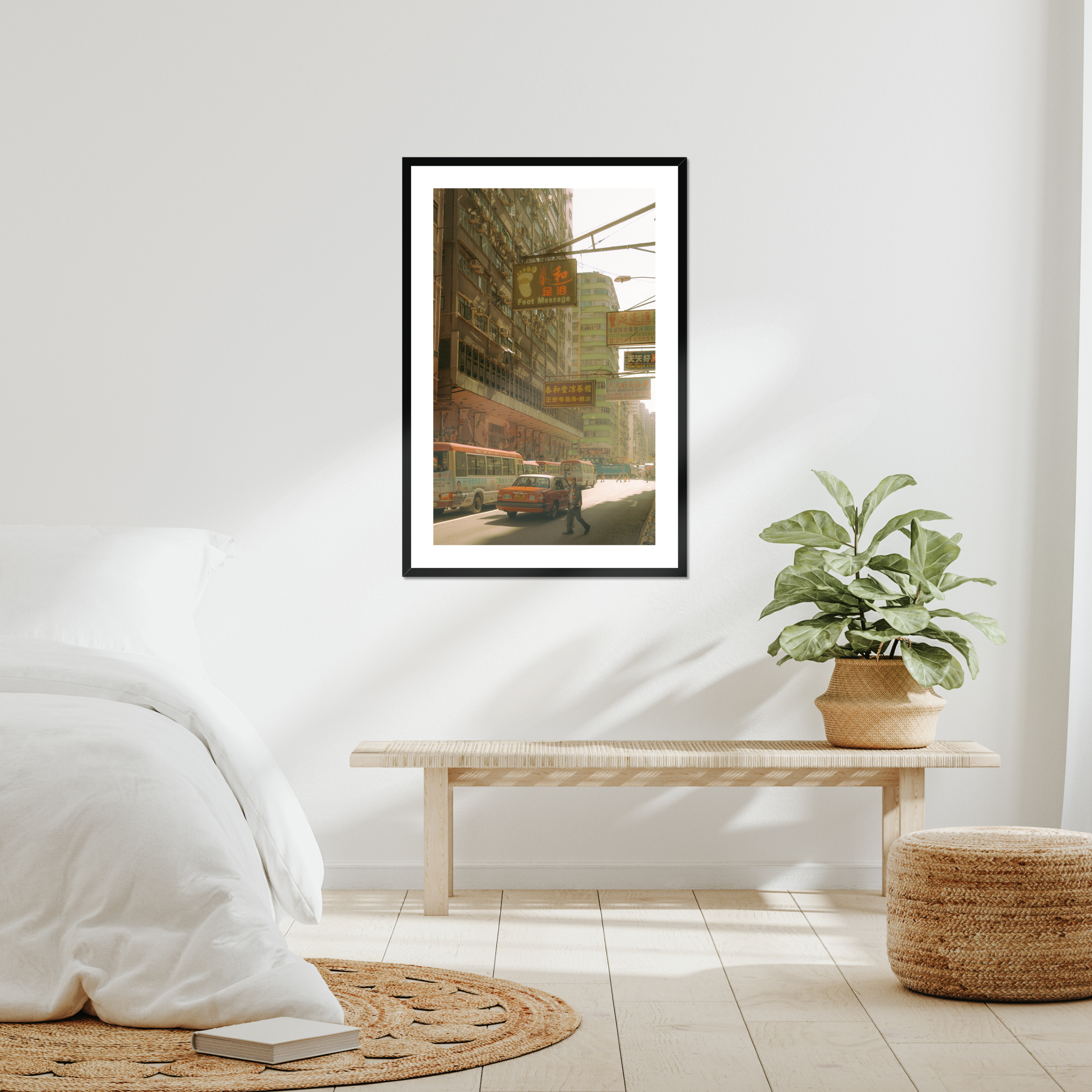 Sun-drenched Hong Kong street photography fine art print. Cinematic urban scene with vintage signs, a red taxi, and a solitary pedestrian crossing. Warm wall art decor.