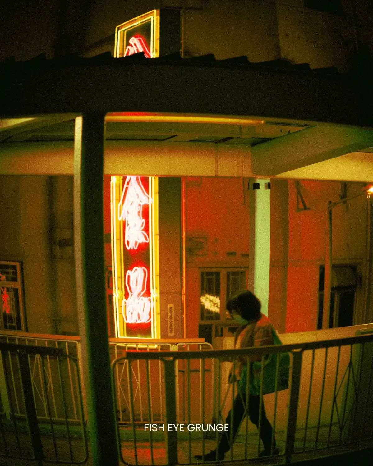 Neon Grunge preset on building corner with warm red lantern light and figure on outdoor walkway