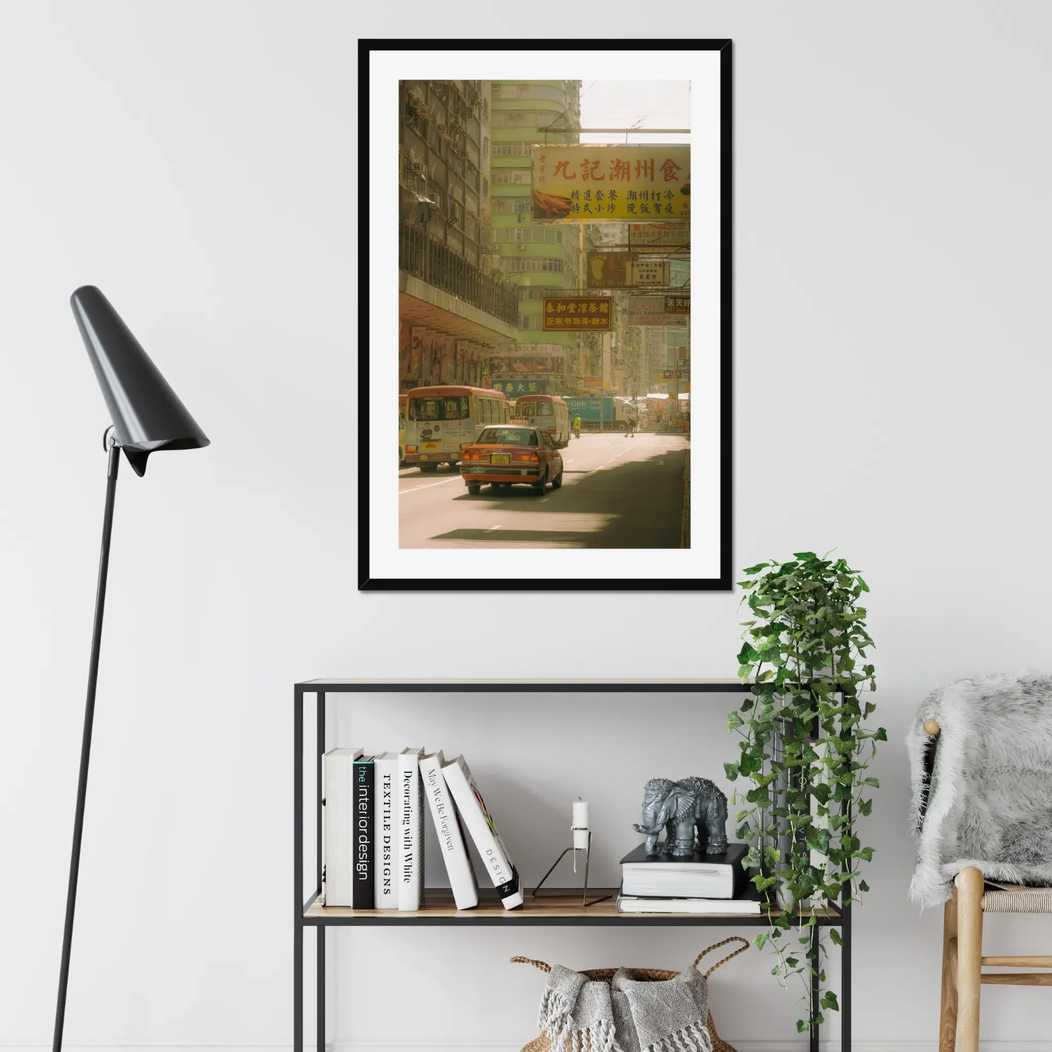Sun-drenched Hong Kong street photography fine art print. Cinematic urban scene with a red taxi, minibuses, and layered vintage signs. Warm amber wall art decor.