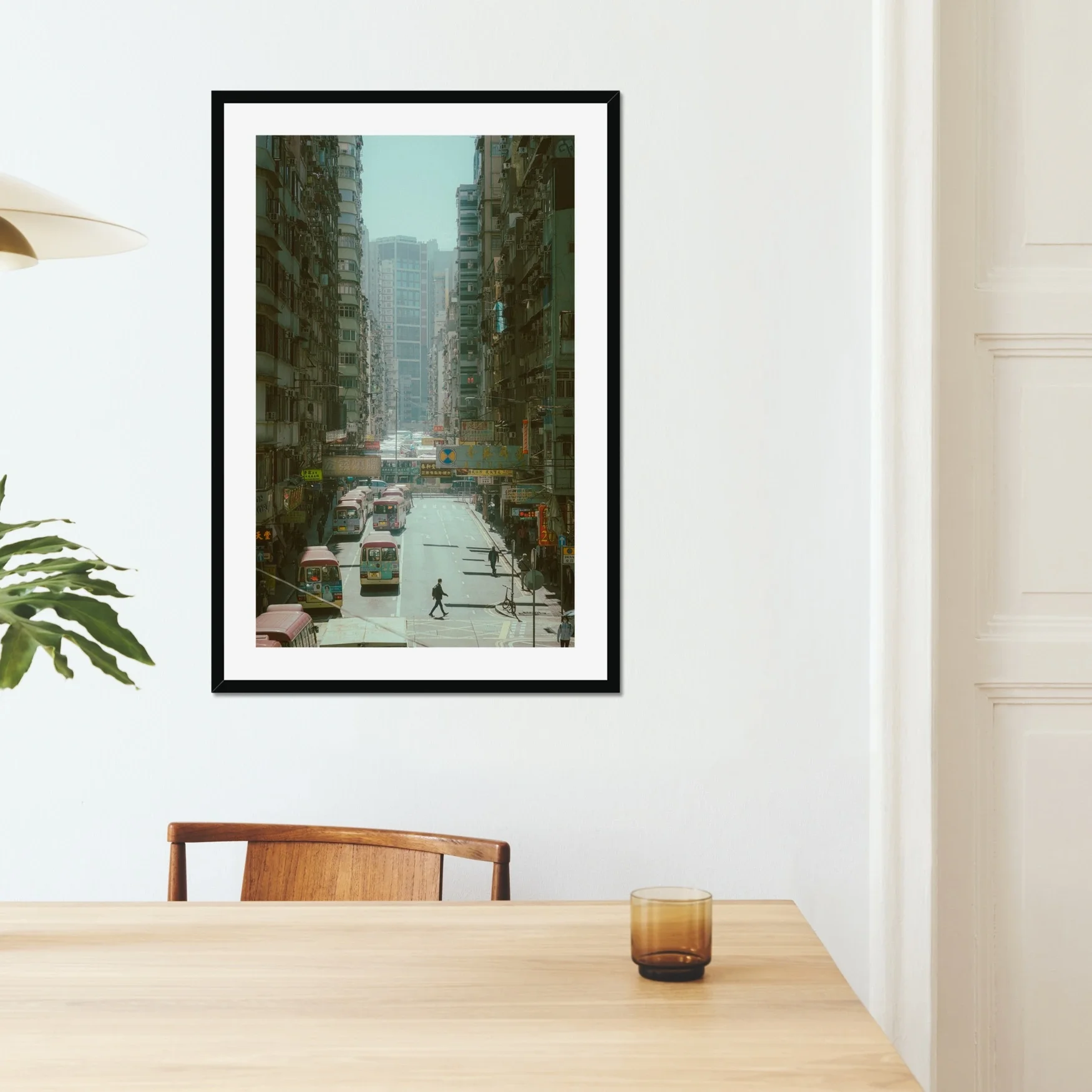 Dynamic street photography in Mong Kok Hong Kong, bustling Kowloon traffic and pedestrians, urban city life print, bright Hong Kong cityscape wall art, architectural density photography.