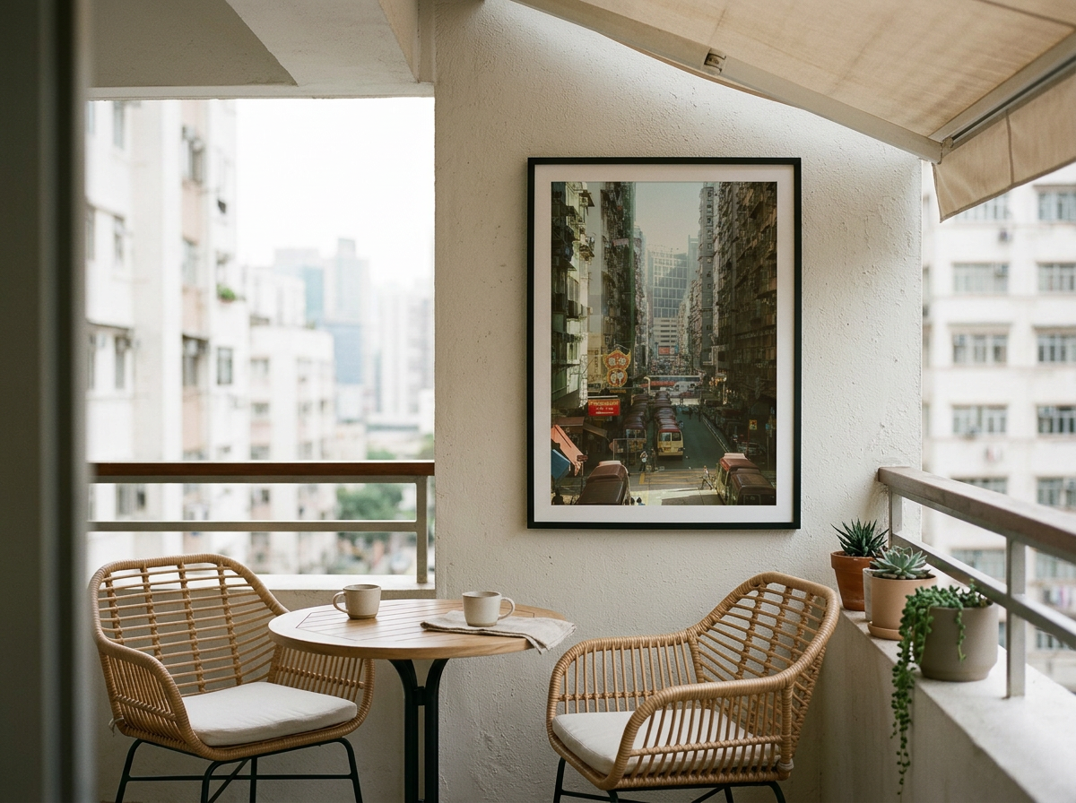 Vintage style street photography of Mong Kok Hong Kong at sunset, golden hour light over minibus stops and city traffic, nostalgic 1980s urban aesthetic, cinematic retro wall art print.