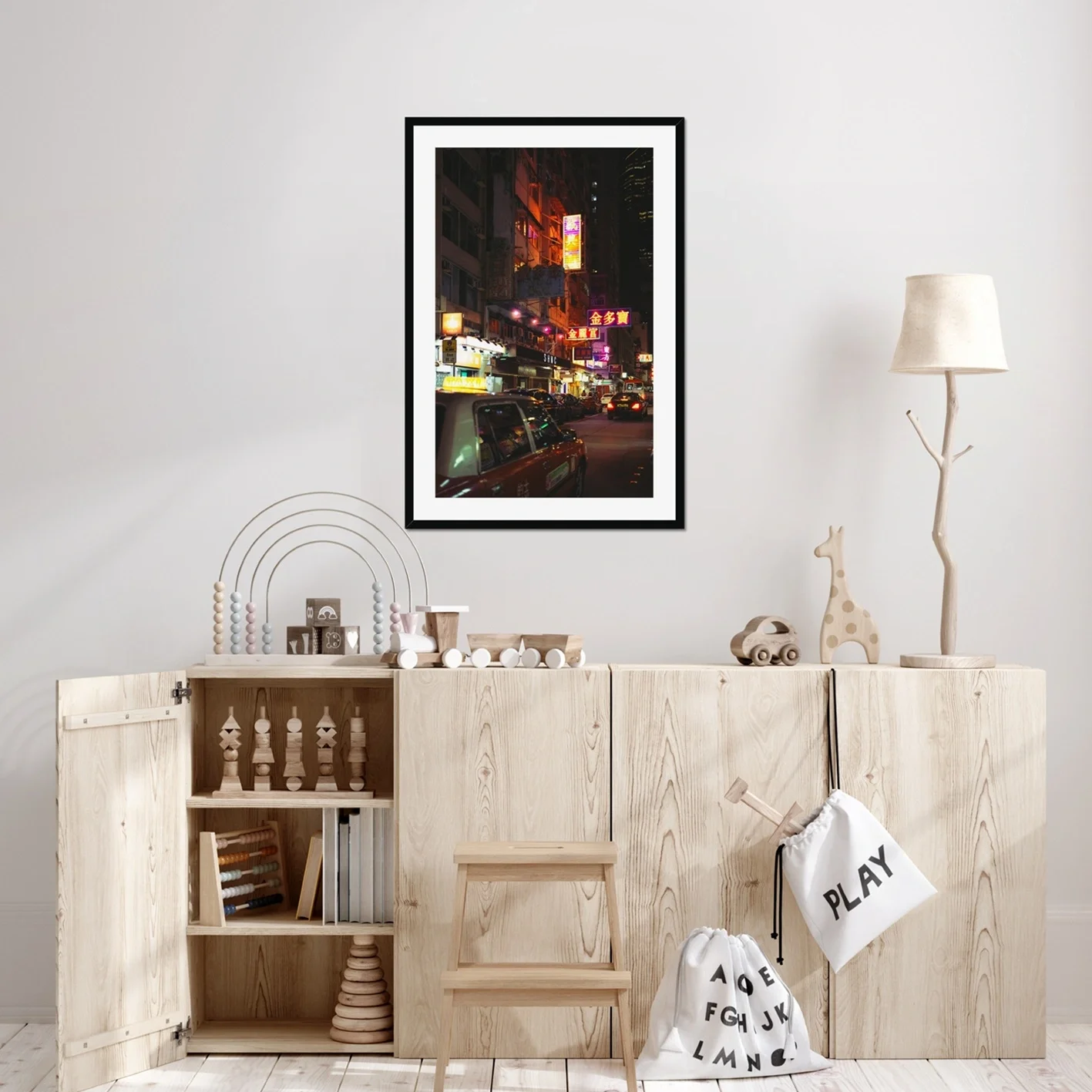 Cinematic night photography of a red taxi in Mong Kok Hong Kong, neon signs reflections on wet street, CineStill 50D film aesthetic, urban street documentary art.