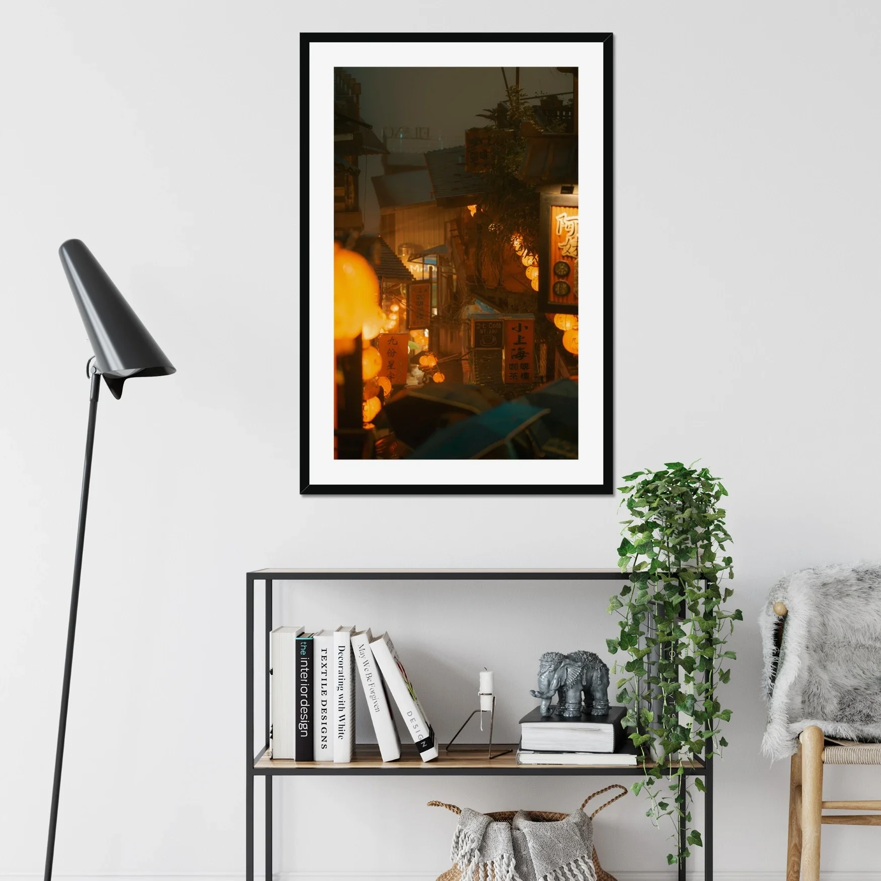 Rainy night photography of Jiufen Old Town in Taiwan with glowing red lanterns reflecting on wet streets in a cinematic style.