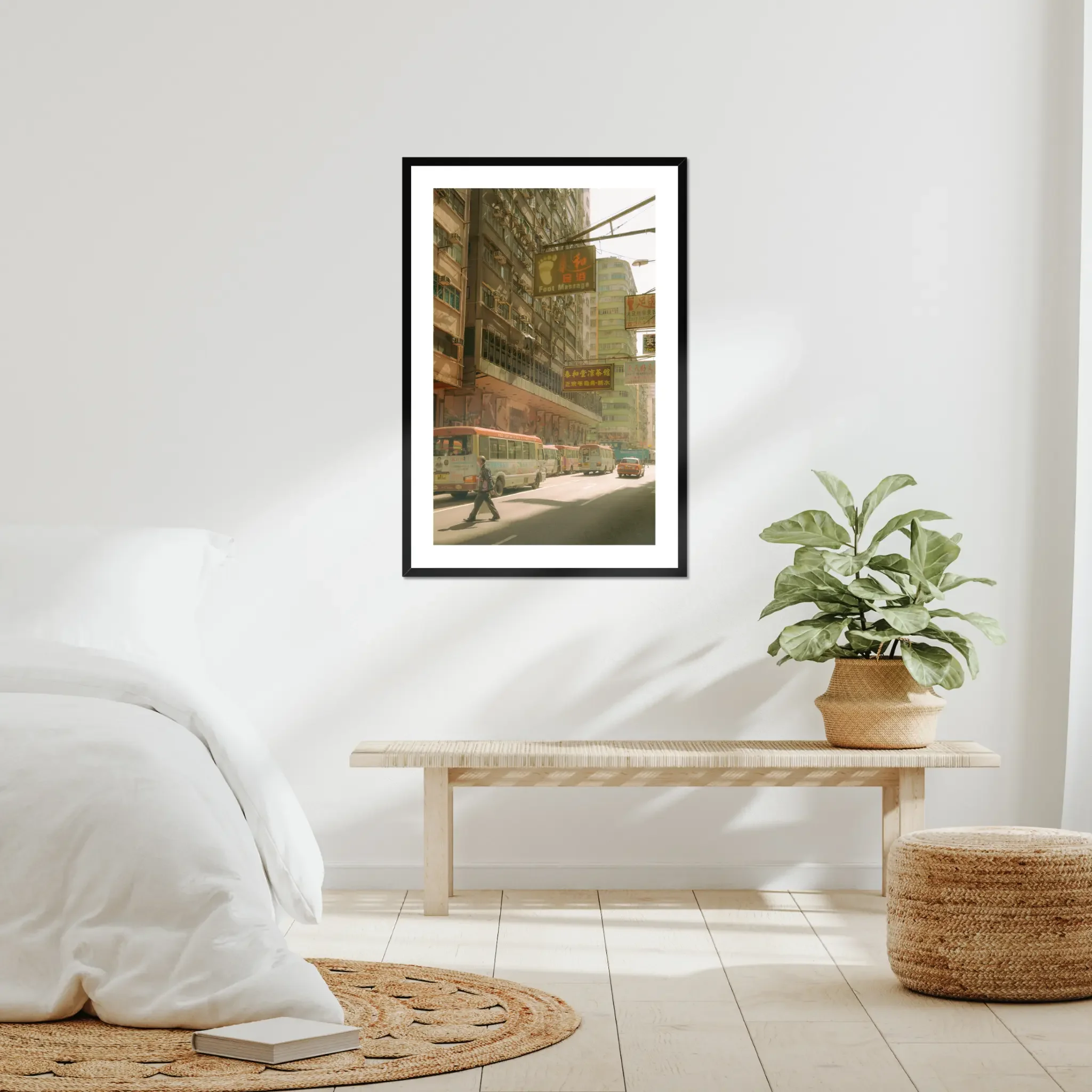 Sun-drenched Hong Kong street photography fine art print. Cinematic urban scene with red-topped minibuses, a red taxi, vintage signs, and a pedestrian crossing. Warm amber wall art decor.