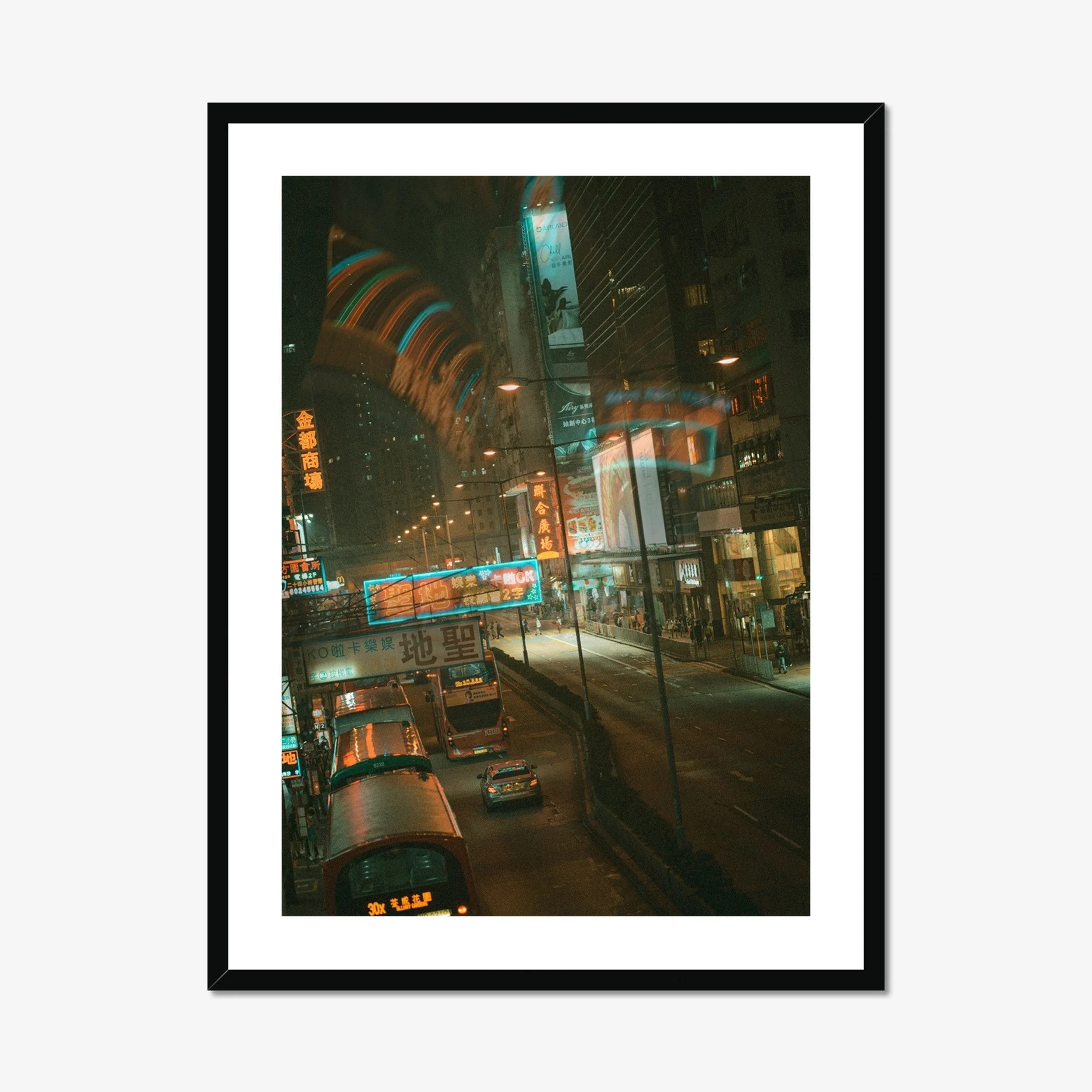 Vibrant night photography of Nathan Road in Hong Kong with glowing neon signs and street reflections in a cyberpunk style.