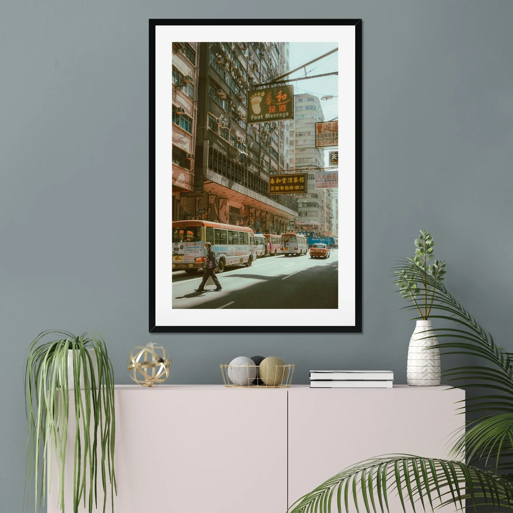 Hazy morning street photography in Mong Kok Hong Kong, pedestrian crossing road with red taxis and buses in the mist, cinematic urban wall art, moody Kowloon cityscape.