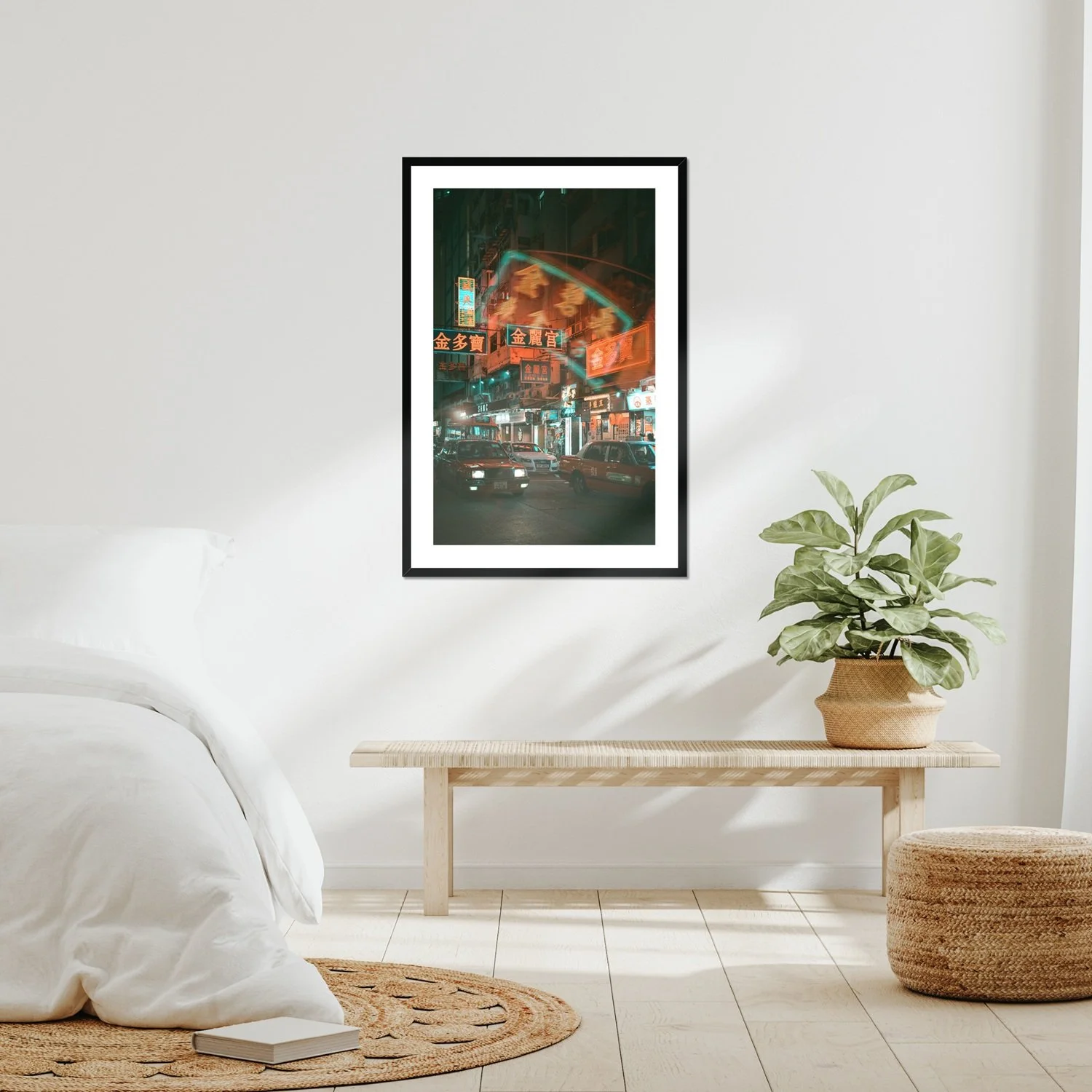 Professional night photography of a red taxi driving through Mong Kok, Hong Kong, with vibrant neon signs and reflections on the wet street.