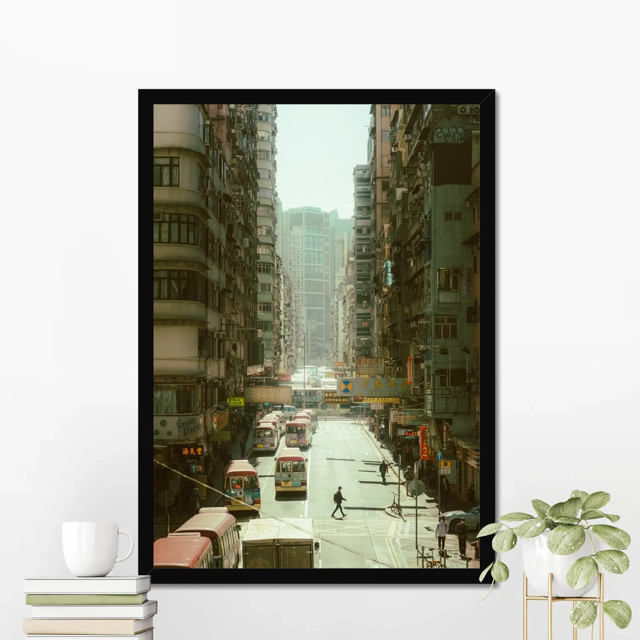 Dynamic street photography in Mong Kok Hong Kong, bustling Kowloon traffic and pedestrians, urban city life print, bright Hong Kong cityscape wall art, architectural density photography.