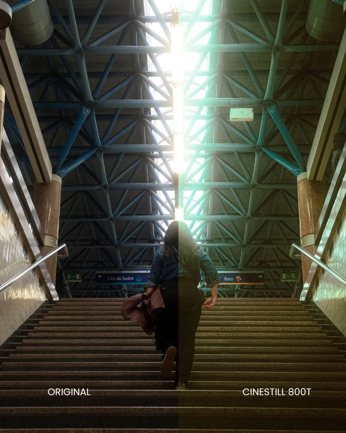 Before and after street photography edit using the Master Collection cinematic Lightroom presets by EJDuran, featuring authentic film emulation, moody urban color grading, and custom halation effects