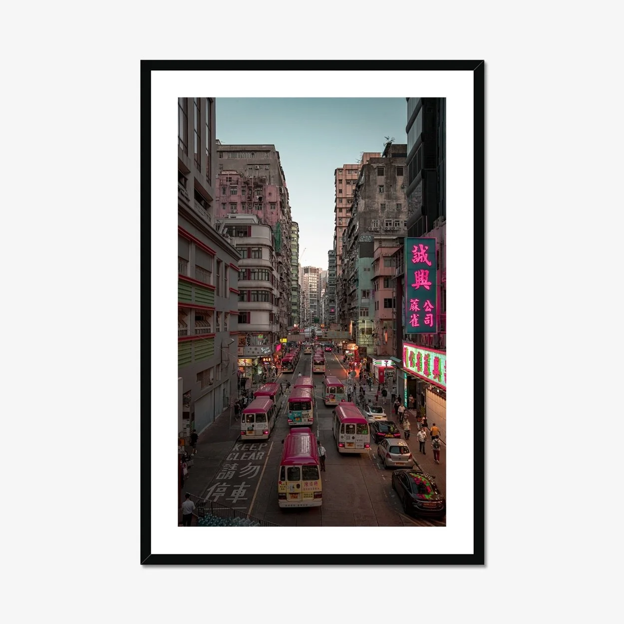 Mong Kok Hong Kong street photography at sunset, red minibuses in traffic, neon signs glowing in Kowloon, cinematic night city lights, urban wall art print.