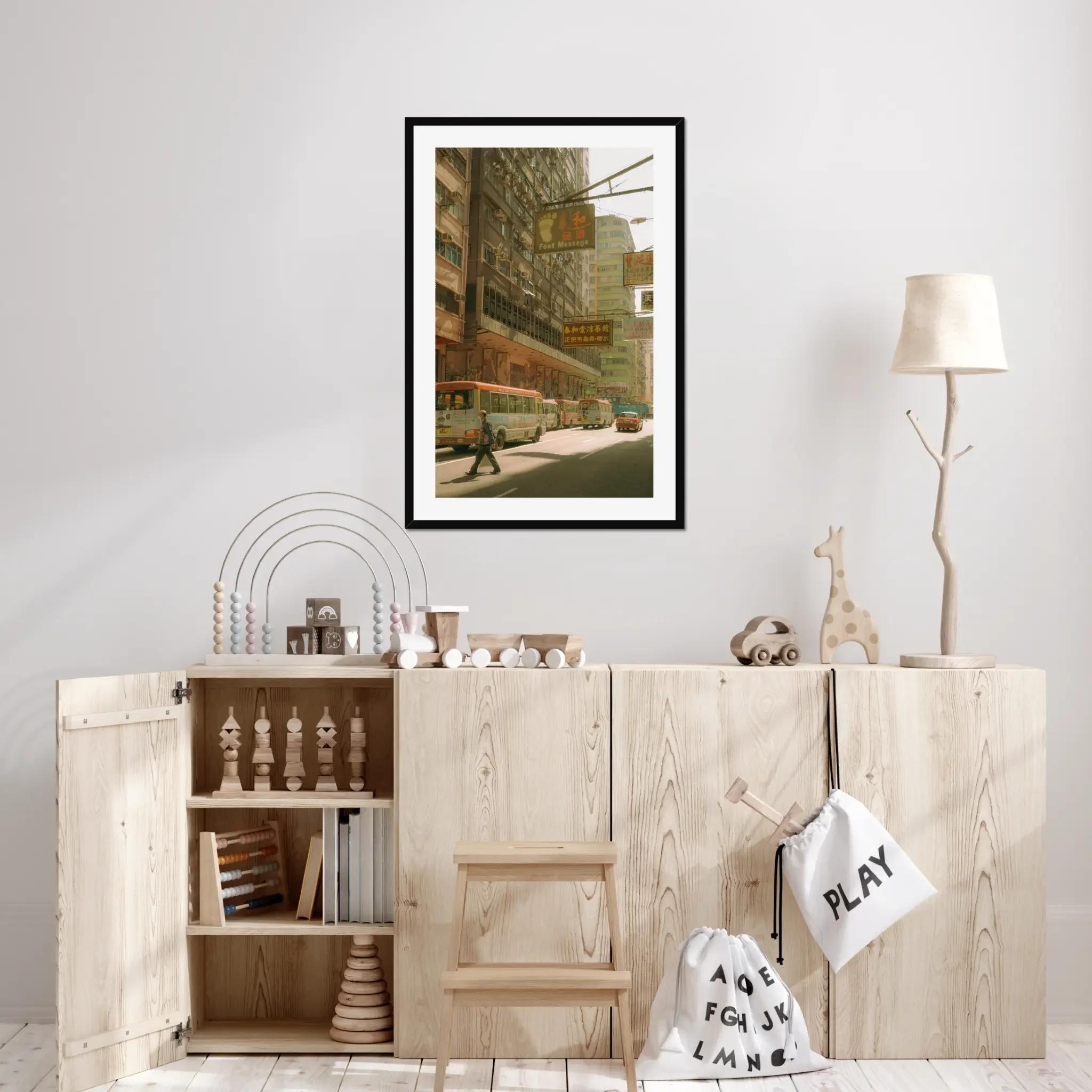Sun-drenched Hong Kong street photography fine art print. Cinematic urban scene with red-topped minibuses, a red taxi, vintage signs, and a pedestrian crossing. Warm amber wall art decor.