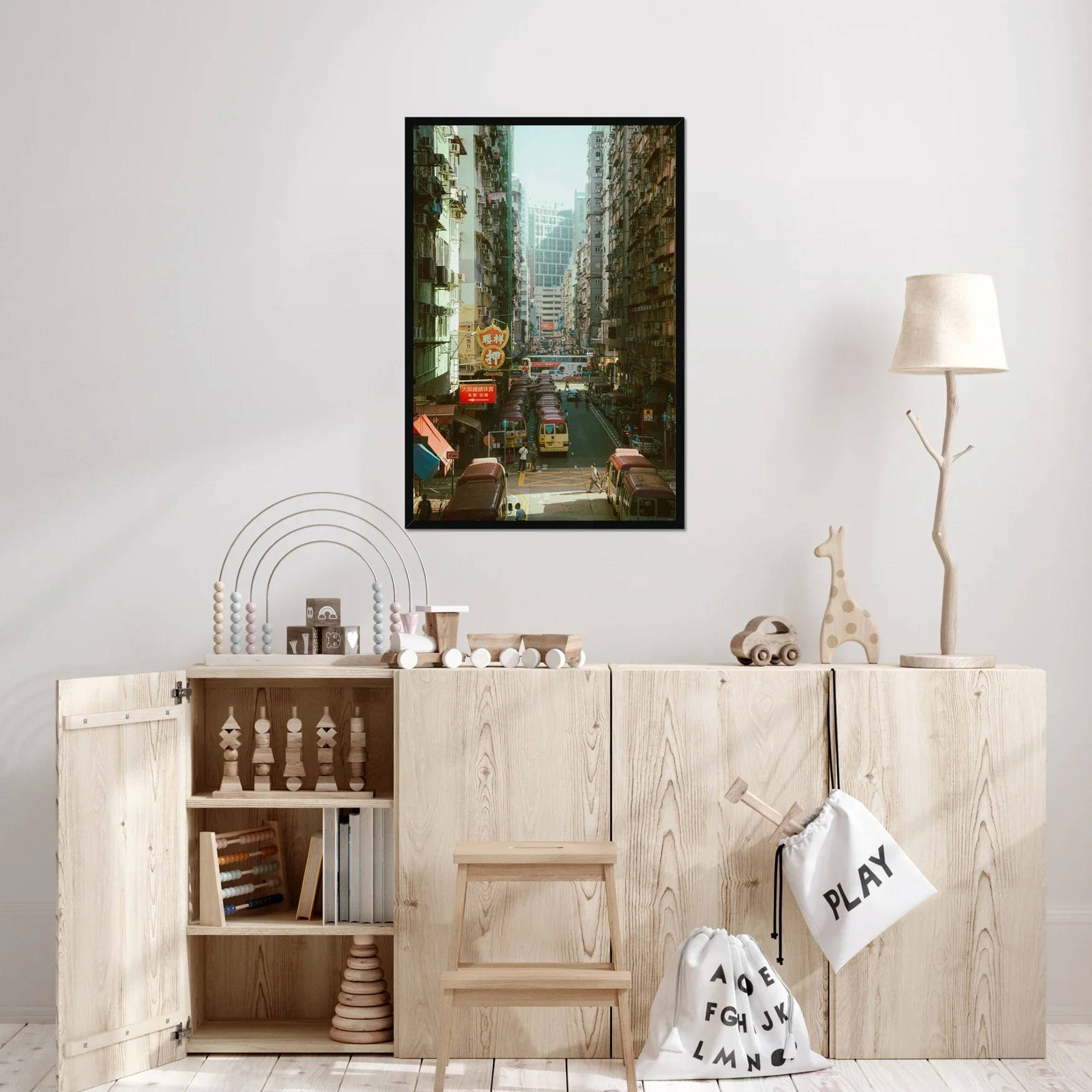 Vintage style street photography of Mong Kok Hong Kong at sunset, golden hour light over minibus stops and city traffic, nostalgic 1980s urban aesthetic, cinematic retro wall art print.