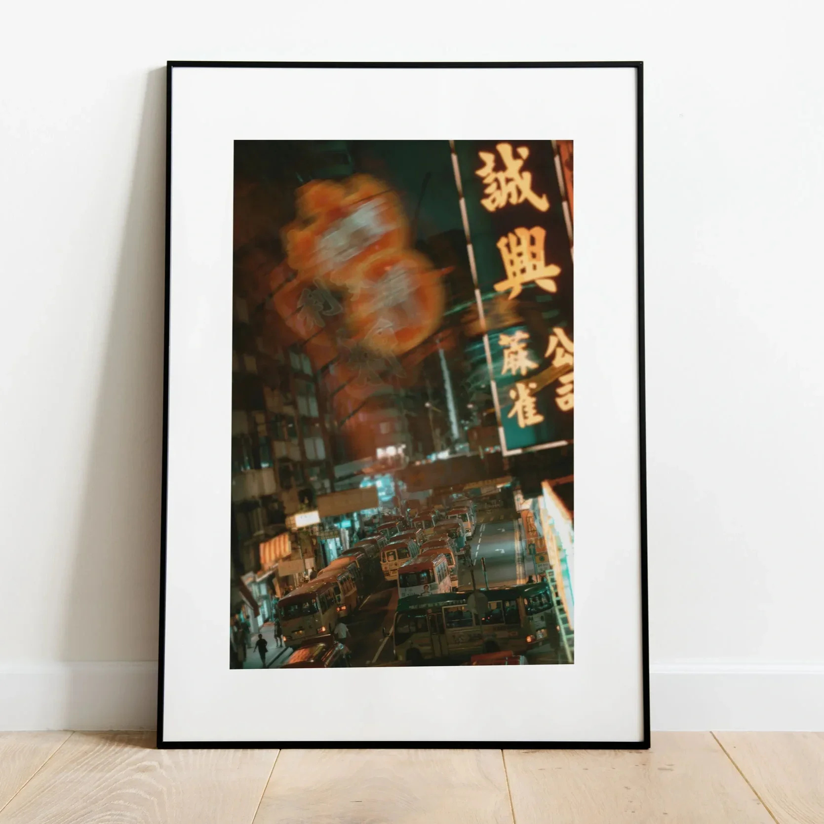 Cinematic night photography of a green minibus stop in Mong Kok, Hong Kong, surrounded by glowing red and green neon signs and a traditional pawn shop lantern.