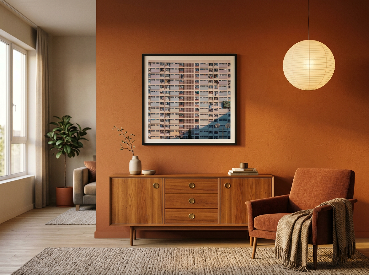 Choi Hung Estate rainbow buildings photography, Hong Kong basketball court urban scene, pastel colored apartment blocks, cinematic street photography print, Kowloon architectural wall art.