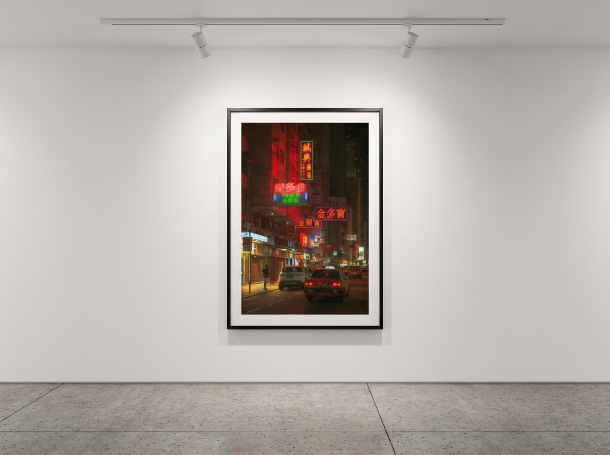 Mong Kok street photography print showing neon signage and a solitary figure at night in Hong Kong