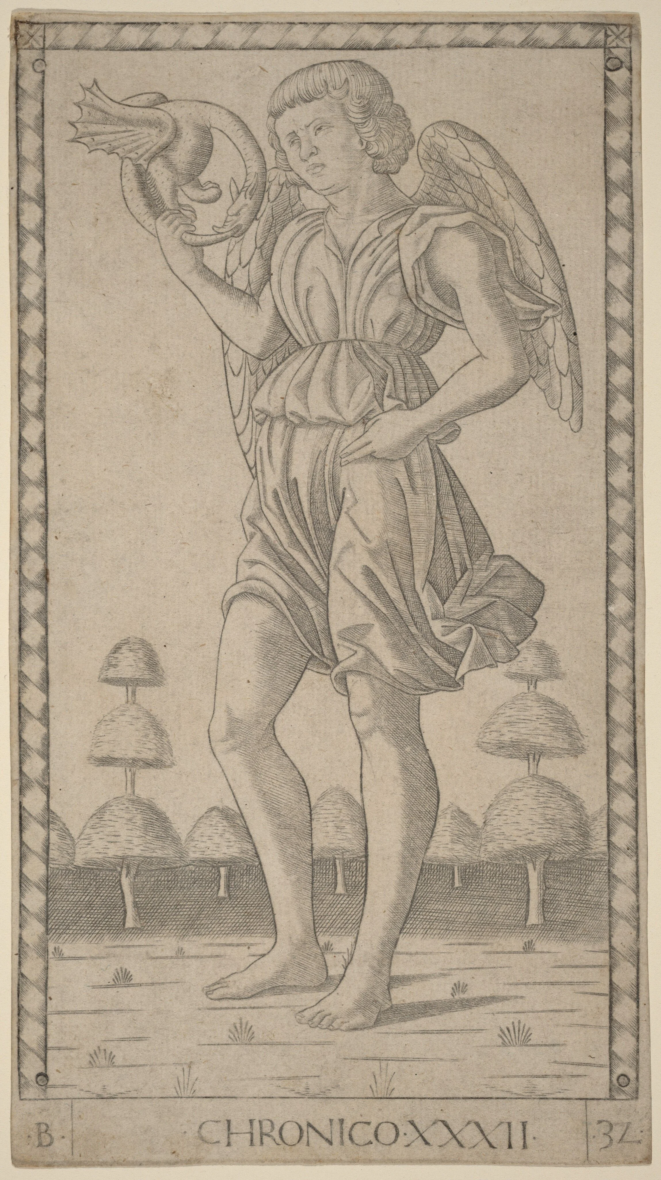 A drawing of a winged man with curly hair, standing outdoors, holding a dragon-like creature in one hand, with trees in the background and a decorative border. The Italian inscription 'CHRONICO XXXII' is at the bottom.