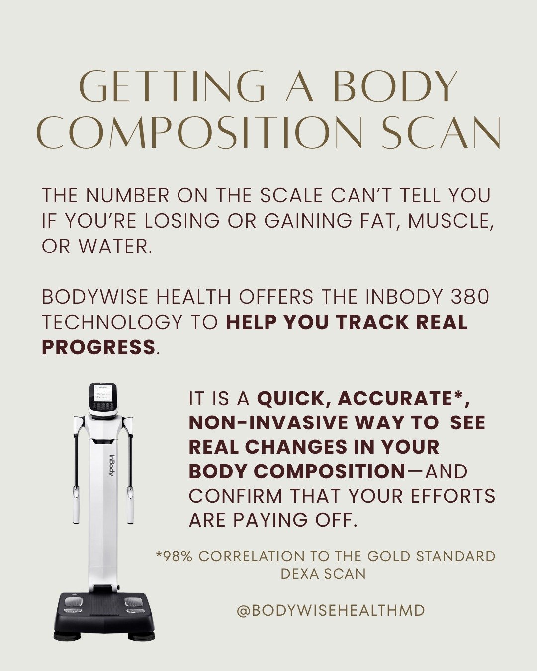 Starting a new fitness program, diet, or weight-loss medication&mdash;or thinking about it?

A body composition scan can give you real insight into your progress beyond the scale.

At BodyWise Health, we offer InBody scans in-office to track body fat