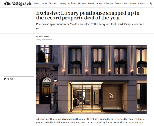 The Telegraph, Exclusive penthouse snapped up in record property deal of the year, July 15