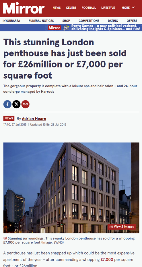 Mirror, This stunning London penthouse has just been sold for £26 Million, July 15