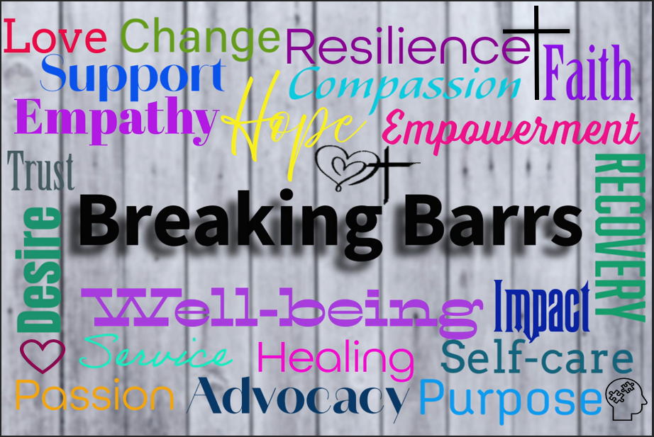 A colorful word cloud on a wooden background featuring words like Love, Change, Resilience, Faith, Support, Compassion, Empathy, Hope, Empowerment, Trust, Desire, Well-being, Impact, Service, Healing, Self-care, Passion, Advocacy, Purpose, and Impact.