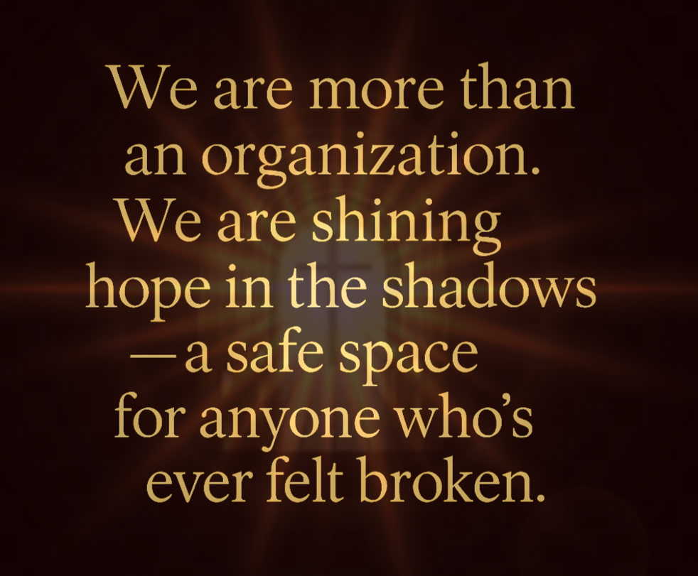 Light behind cross with words describing organization