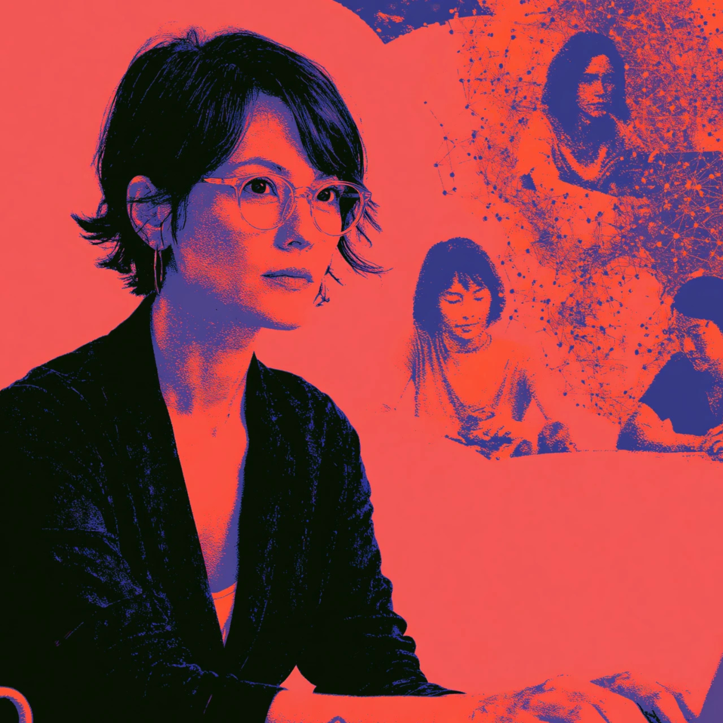 Colorful digital art of a woman with short hair and glasses, speaking into a microphone, with a background featuring abstract faces and digital network patterns.