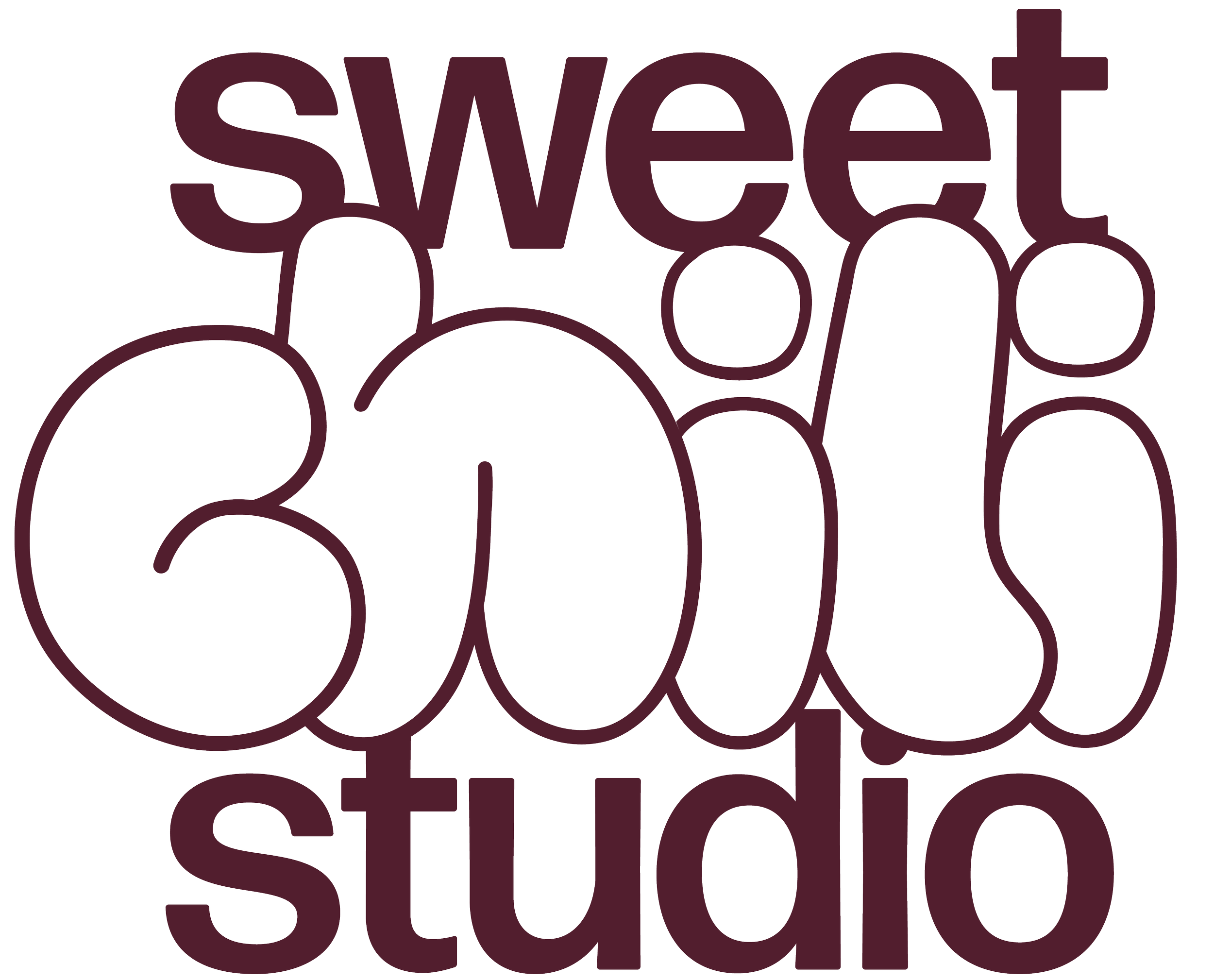 Der Schriftzug 'sweet chili studio' in großem, stilvollem Design, wobei 'sweet' oben steht, 'chili' in der Mitte und 'studio' unten, alles in dunkler Farbe auf transparentem Hintergrund.