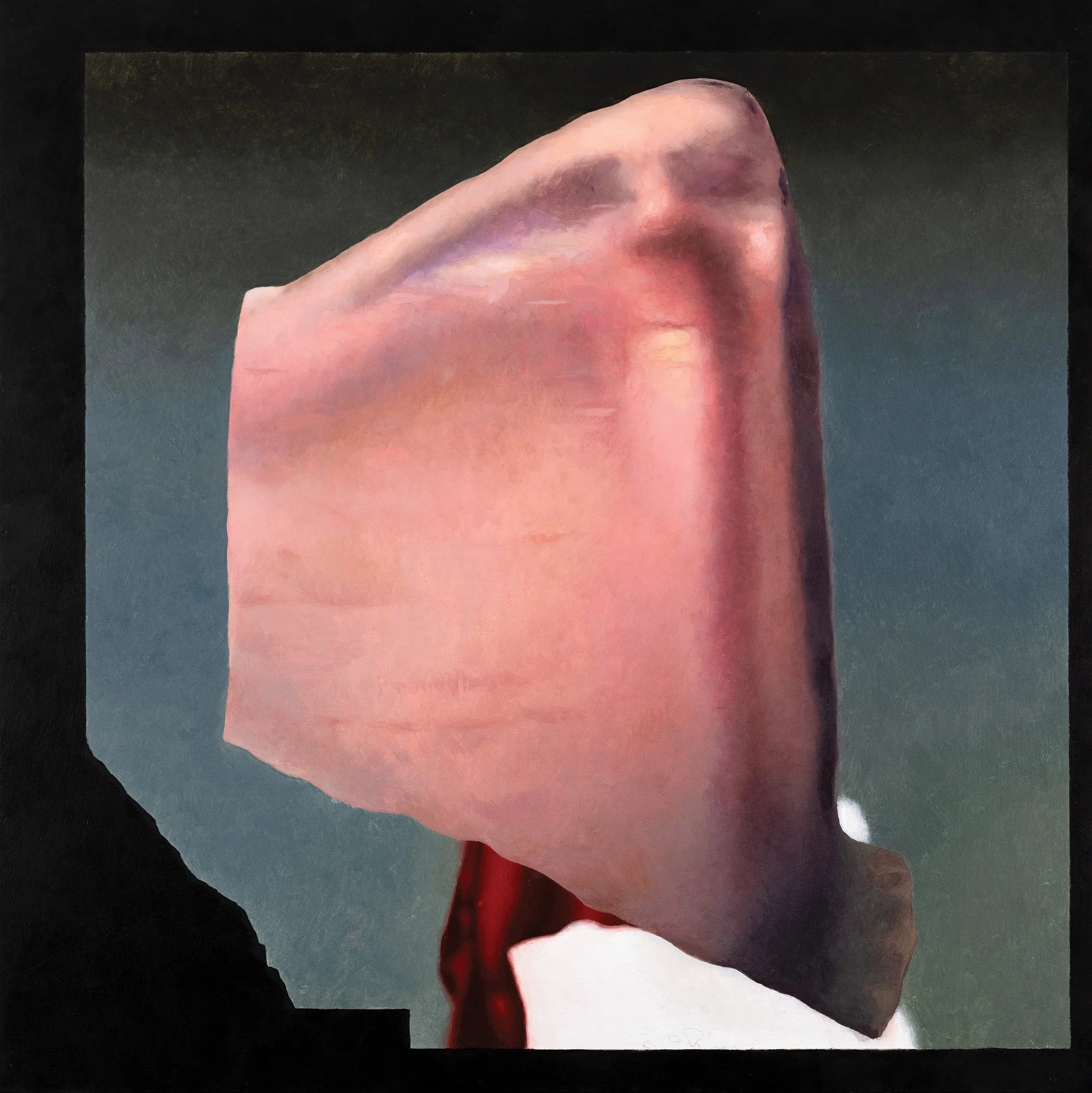 A distorted or abstract painting of a human face with exaggerated features and a dark background.