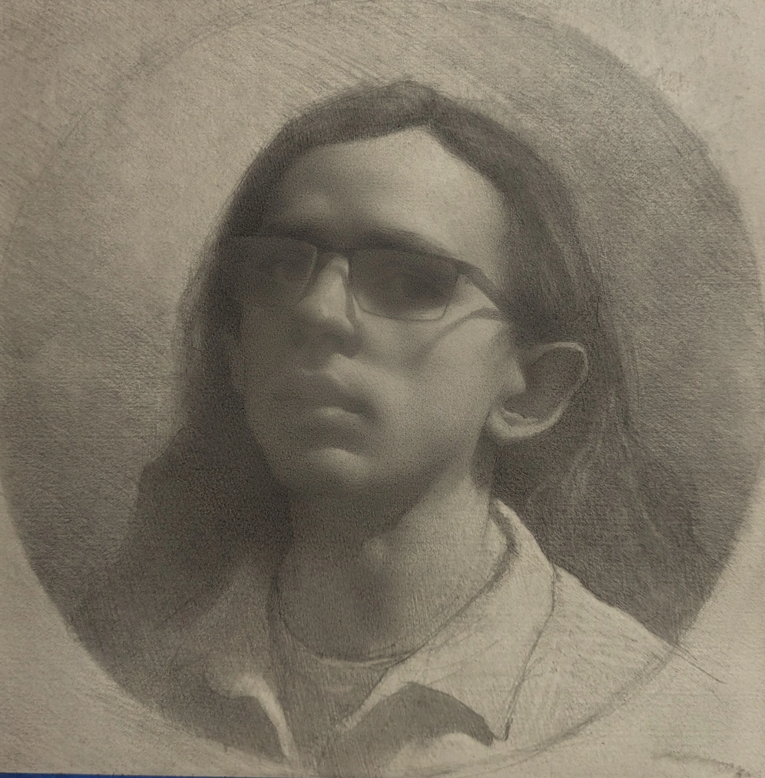 A detailed pencil sketch of a young woman with sunglasses, short hair, and wearing a collared shirt and a necklace.
